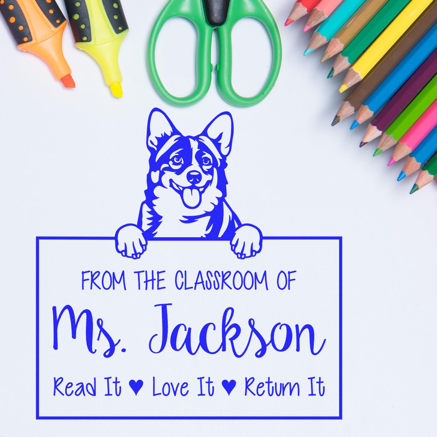 Personalizable Classroom Tools Stamp with Cardigan Welsh Corgis Dog - Engineer Seal Stamps