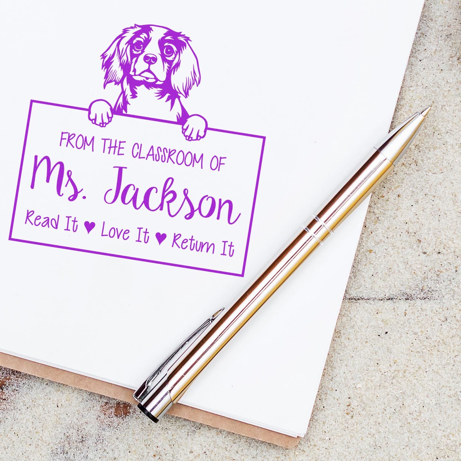 Personalizable Teacher's Classroom Tools Stamp with Cavalier King Charles Spaniel Dog - Engineer Seal Stamps