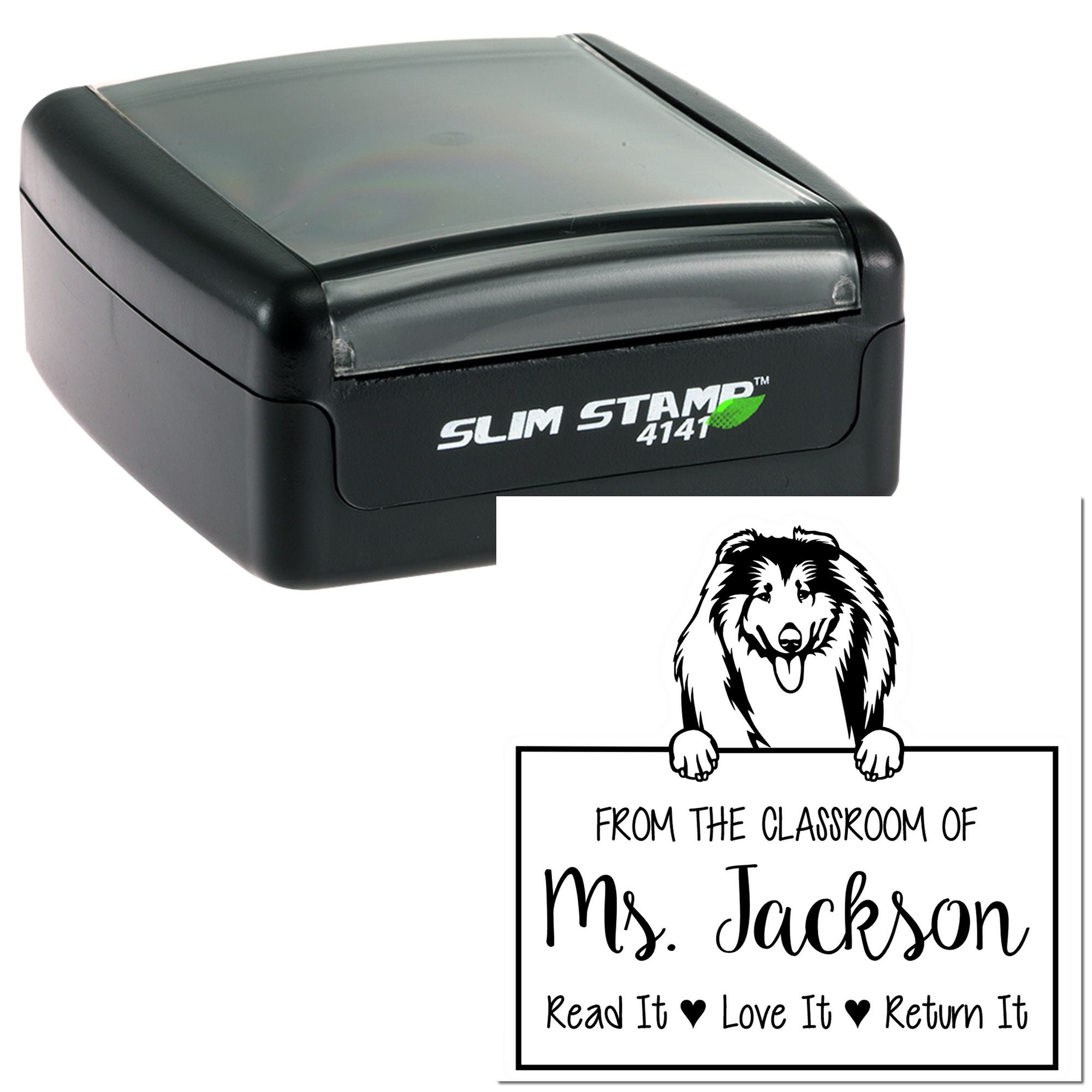 Personalizable Teacher Book Ownership Stamp with Collies Dog - Engineer Seal Stamps