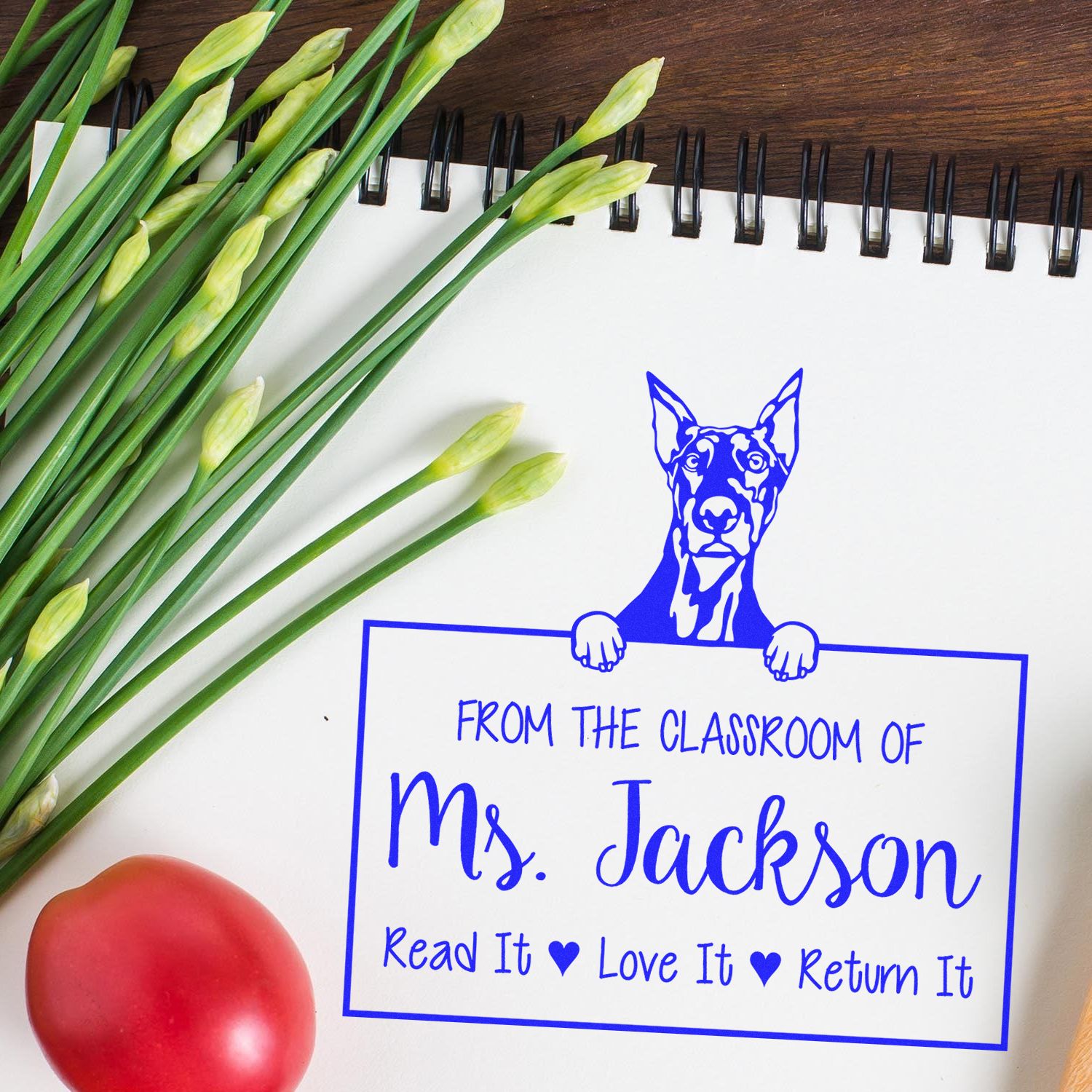 Personalizable Book Ownership Tools Stamp with Doberman Dog - Engineer Seal Stamps