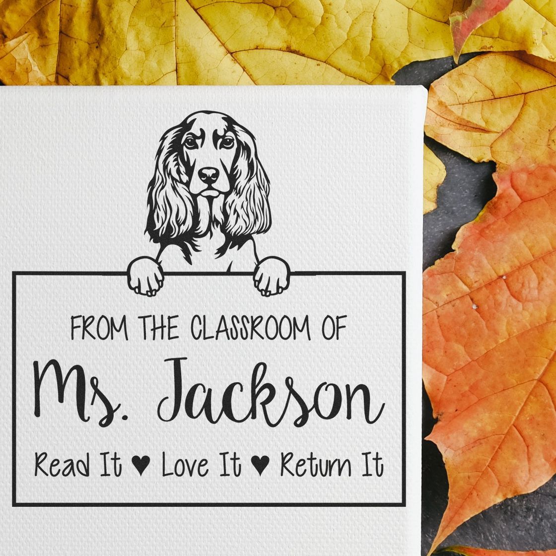 Personalizable Library Return Stamp with English Cocker Spaniel Dog - Engineer Seal Stamps