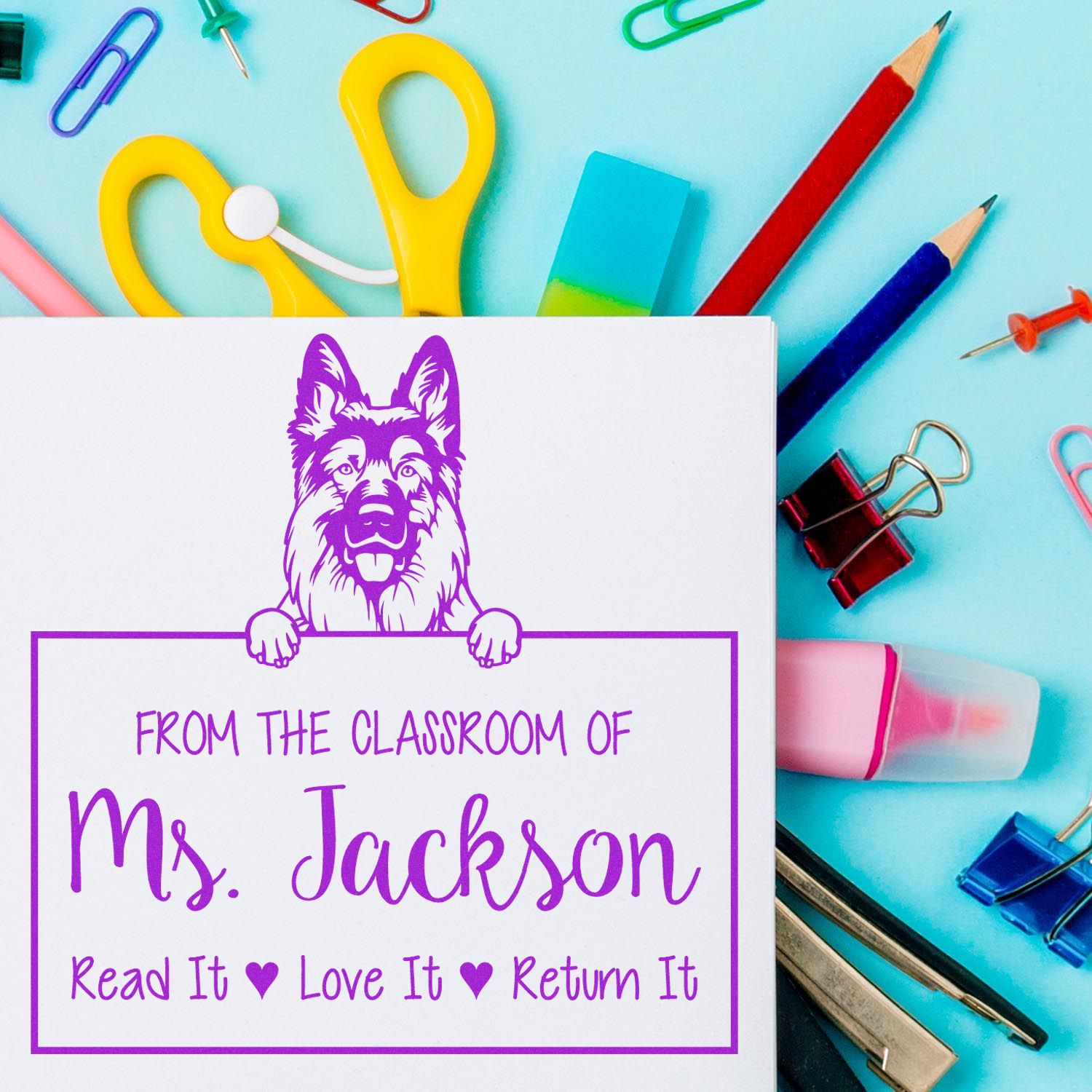 Personalizable Teacher Supply Stamp with German Shepherd Dog - Engineer Seal Stamps