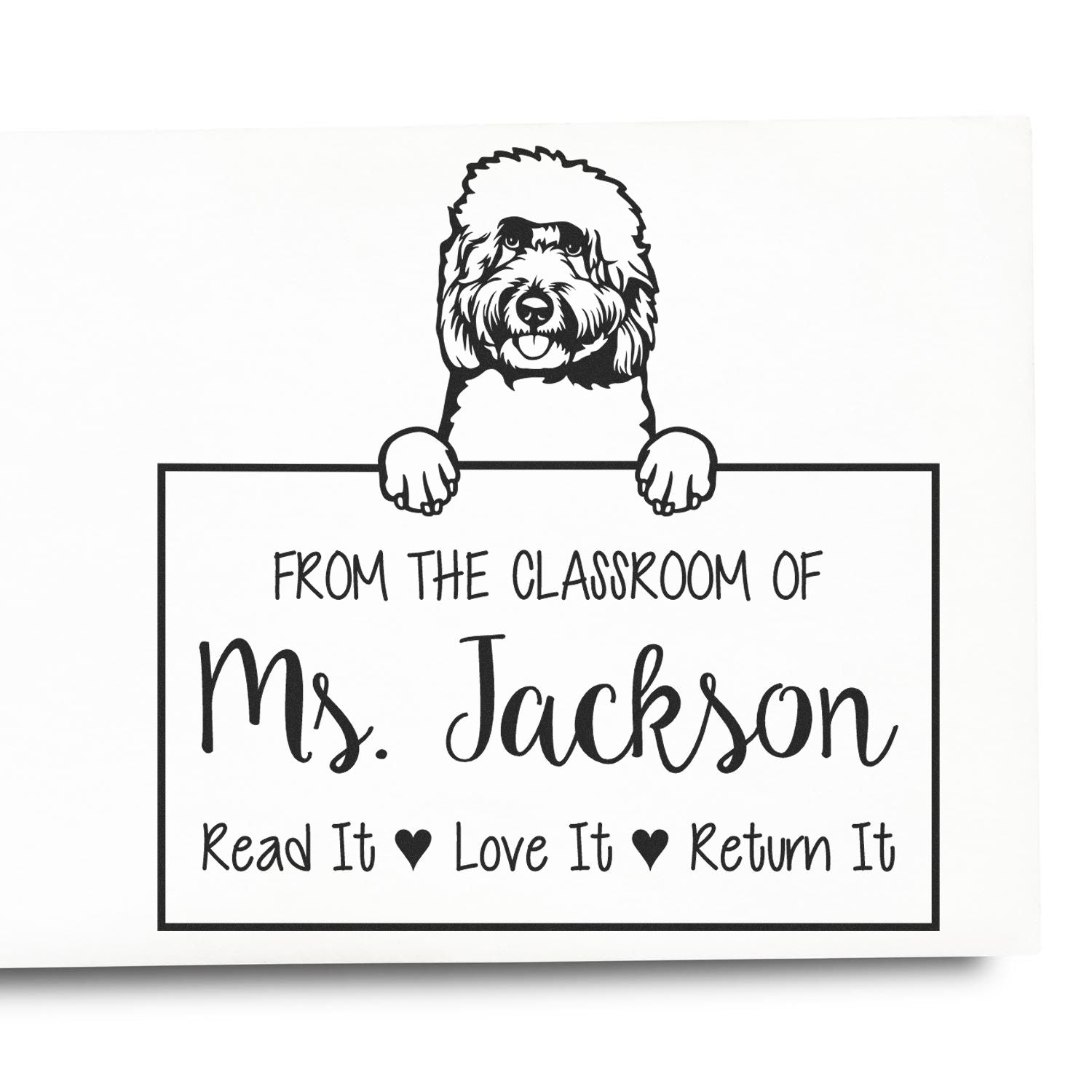 Personalizable Classroom Book Owner Stamp with Goldendoodle Dog - Engineer Seal Stamps