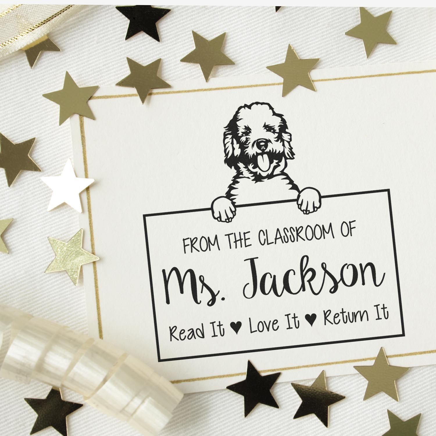 Personalizable Library Tool For Teachers Stamp with Labradoodle Dog - Engineer Seal Stamps