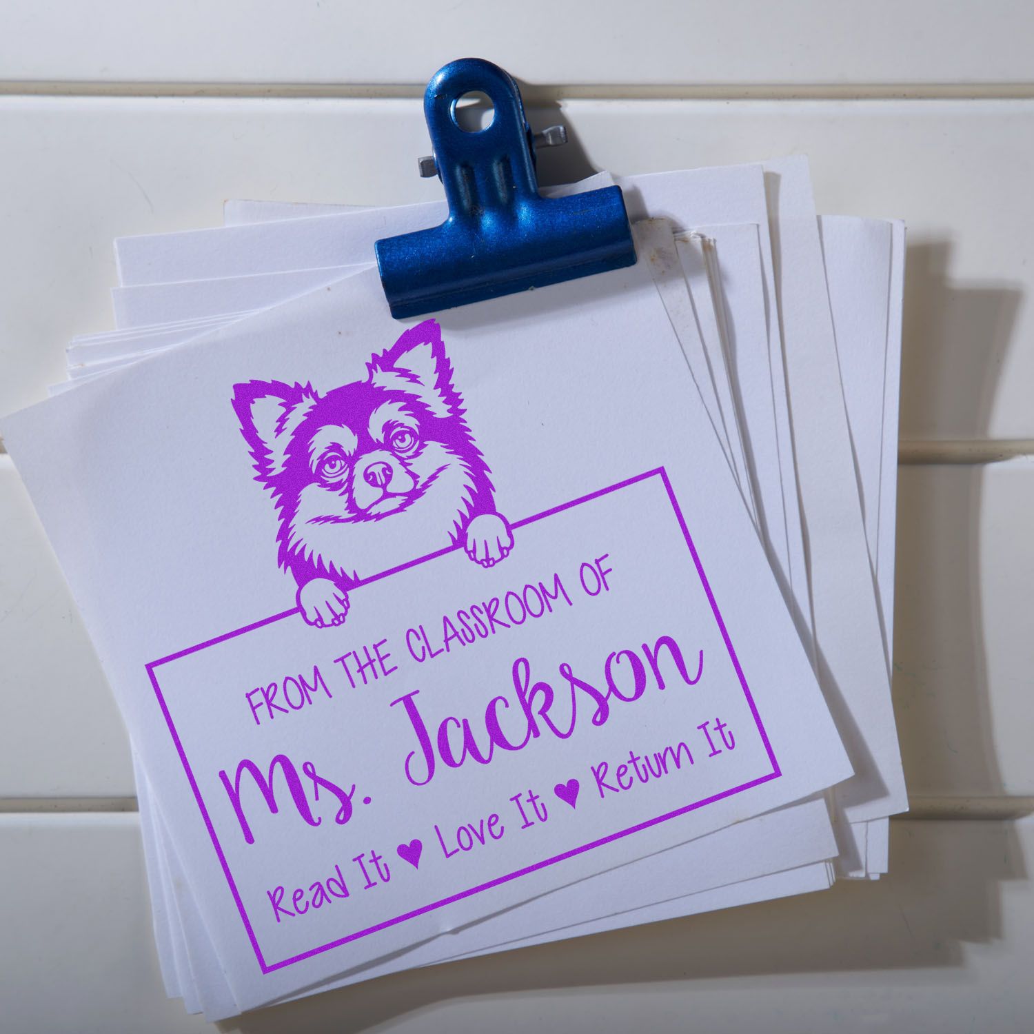 Personalizable With Teacher Name Stamp with Long Haired Chihuahua Dog - Engineer Seal Stamps