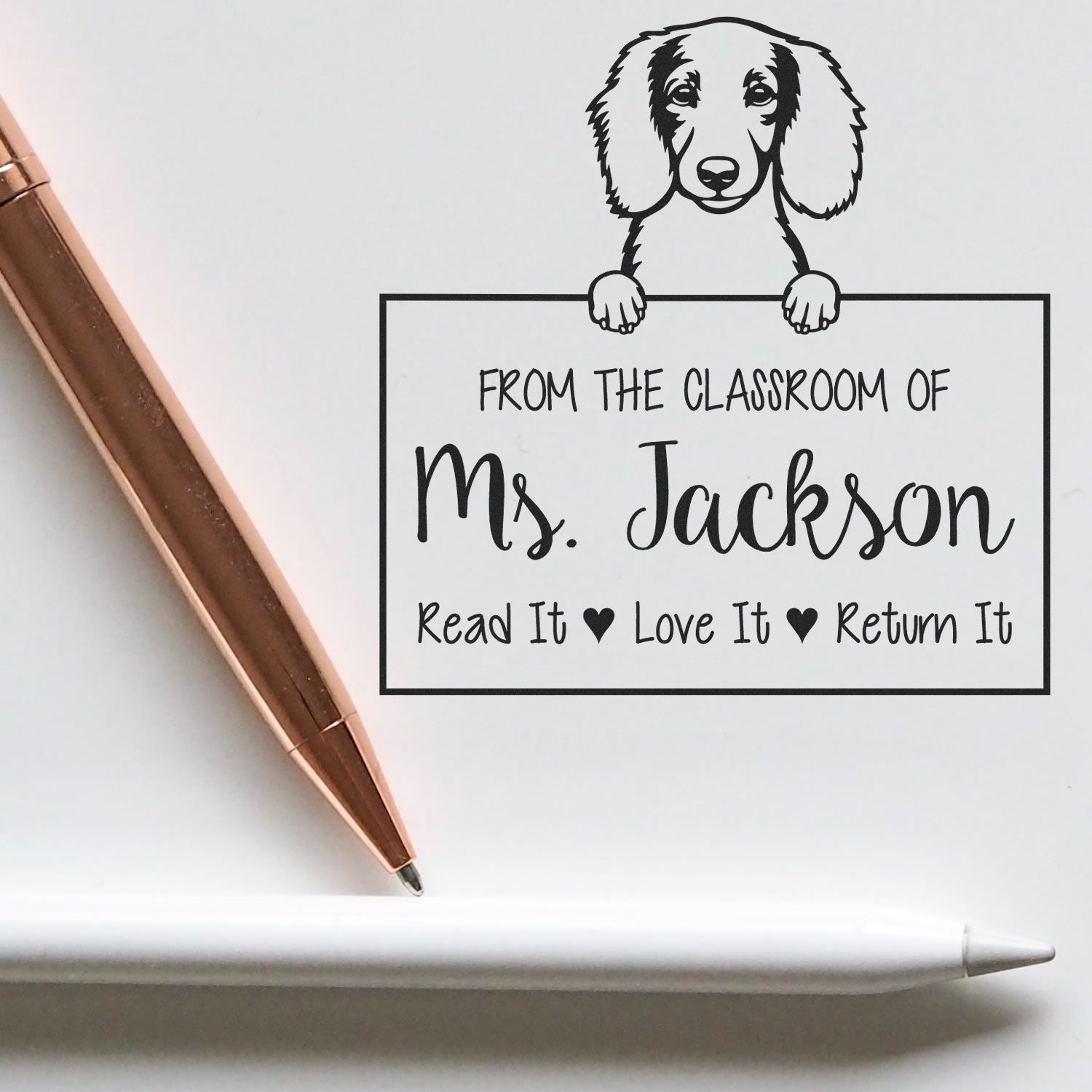 Personalizable School Ideas Stamp with Longhaired Dachshund Dog - Engineer Seal Stamps