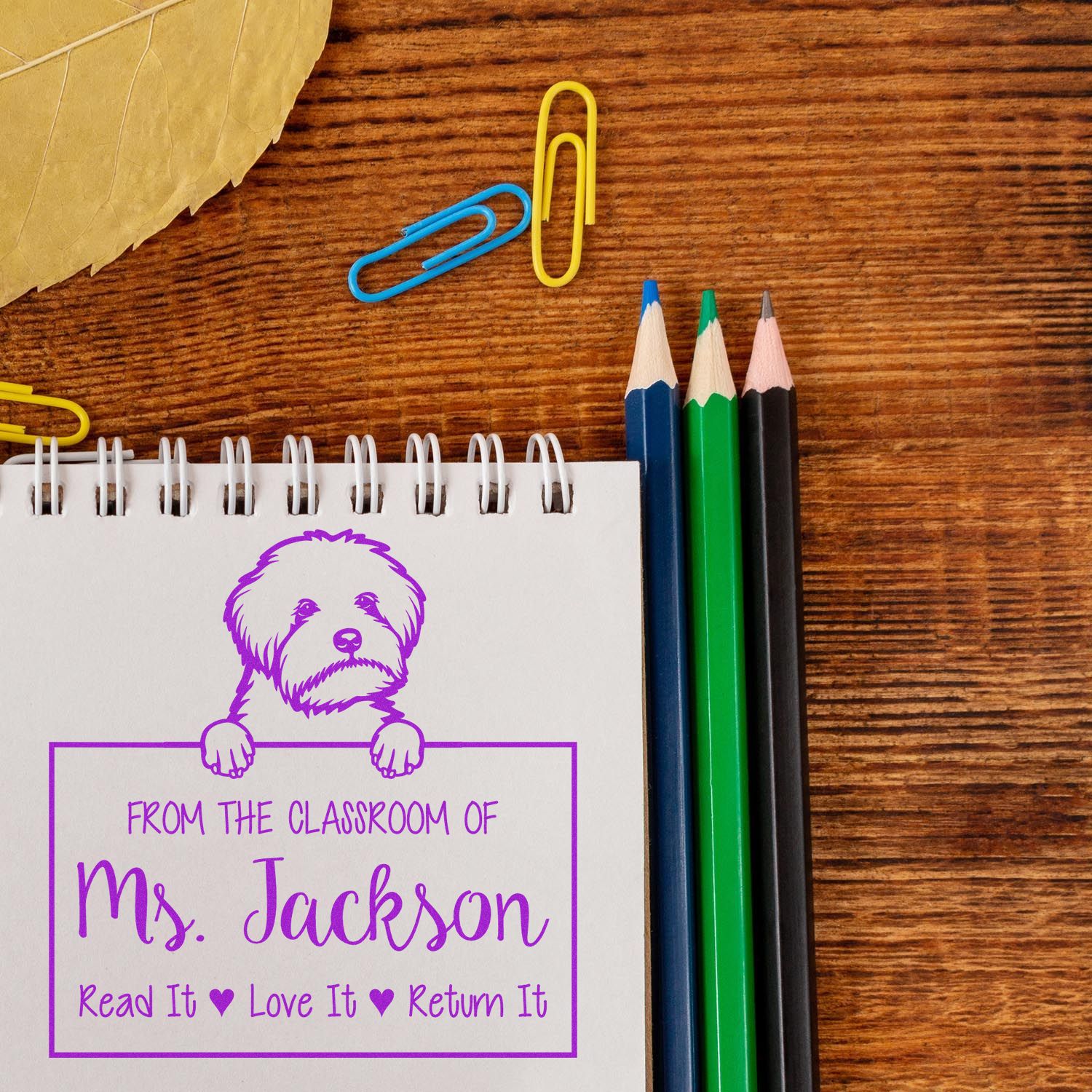 Personalizable Teacher Nameplate Stamp with Maltipoo Dog - Engineer Seal Stamps