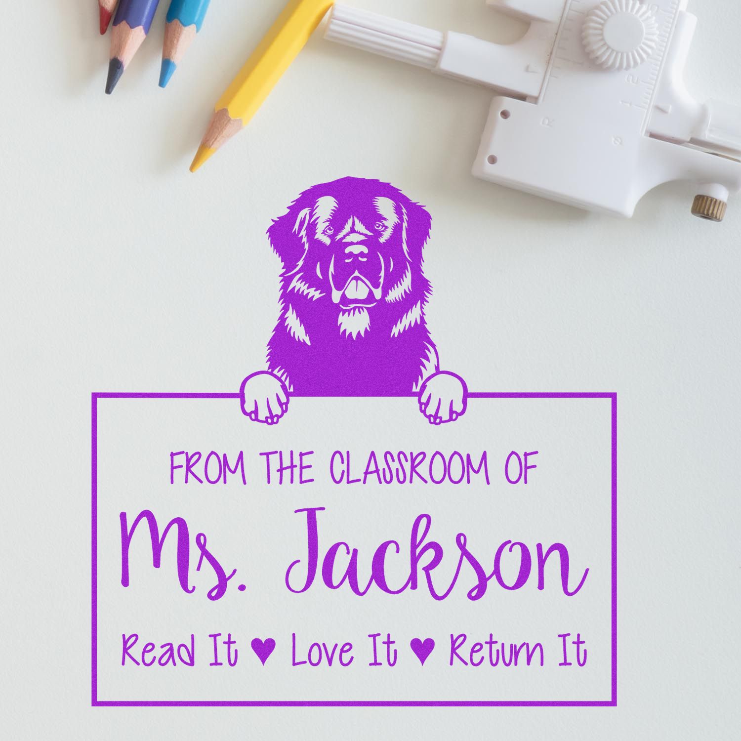 Personalizable Library Tools For Classroom Stamp with Newfoundland Dog - Engineer Seal Stamps