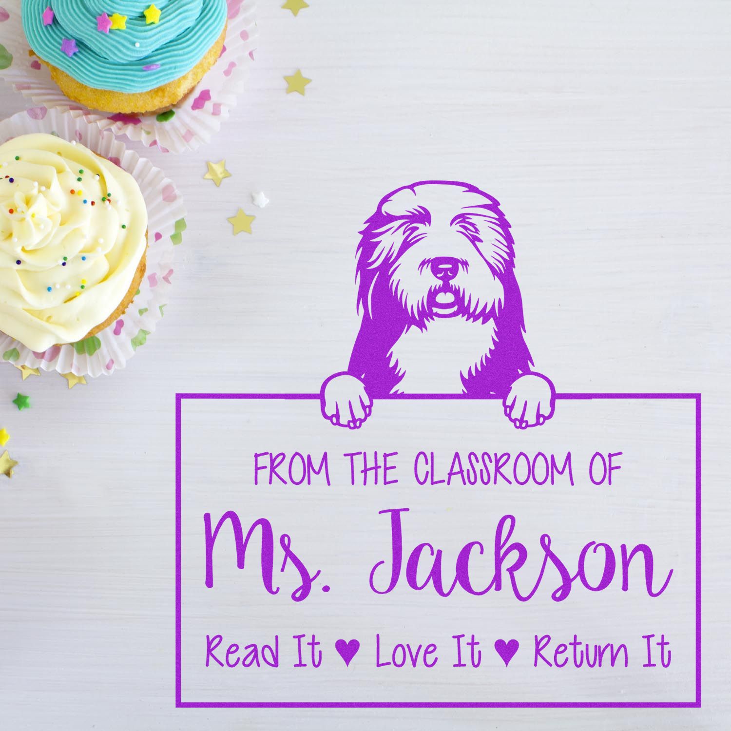 Personalizable Teacher Library Personalization Stamp with Old English Sheepdogs Dog - Engineer Seal Stamps