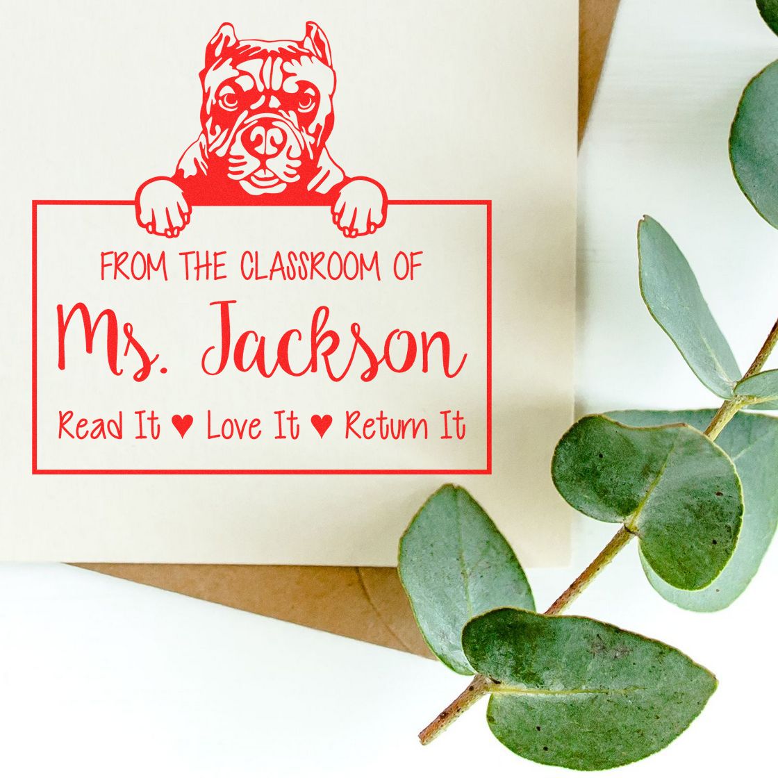 Personalizable Classroom Book Ownership Stamp with Pitbull Dog - Engineer Seal Stamps