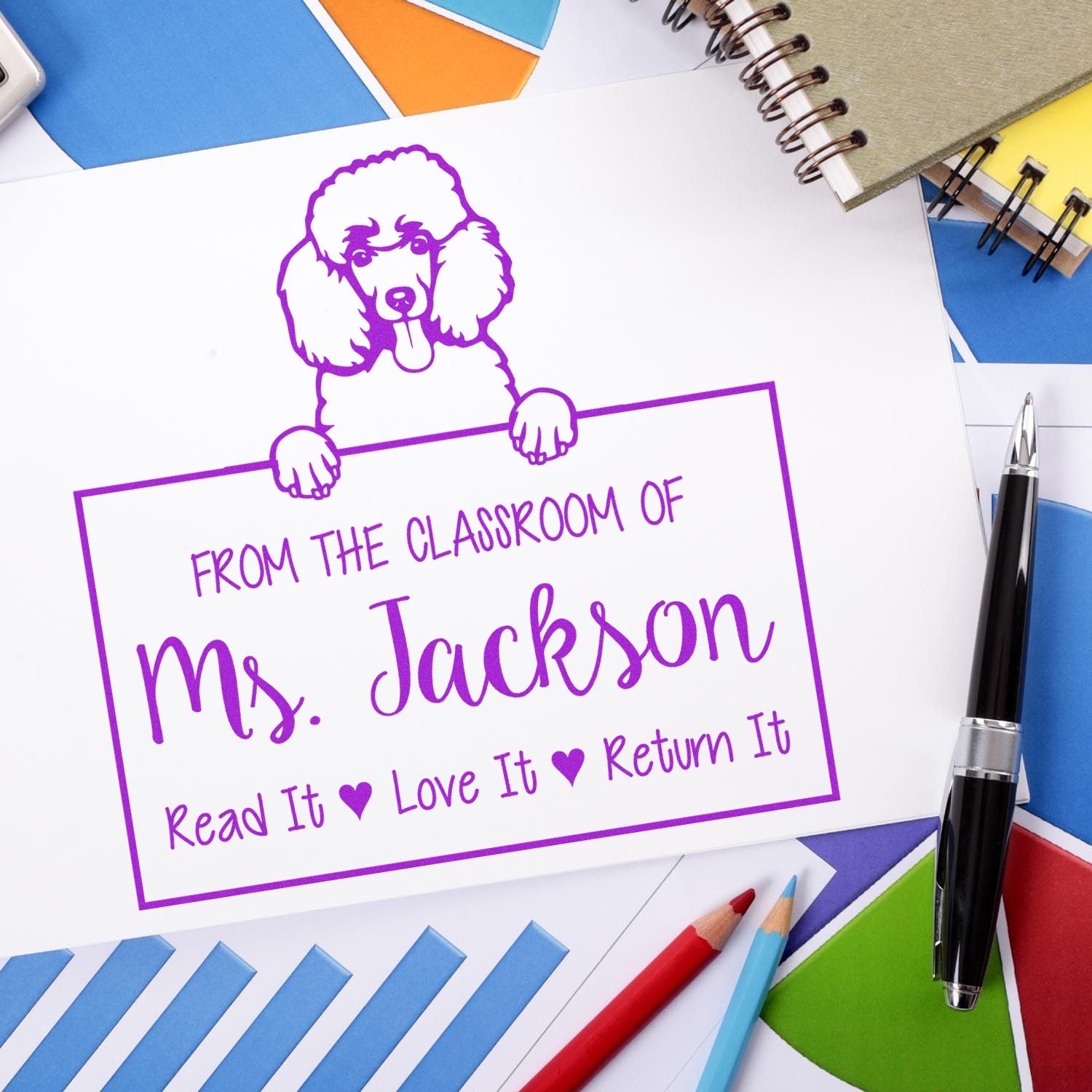 Poodle Dog Personalizable Teacher's Library Stamp - Engineer Seal Stamps