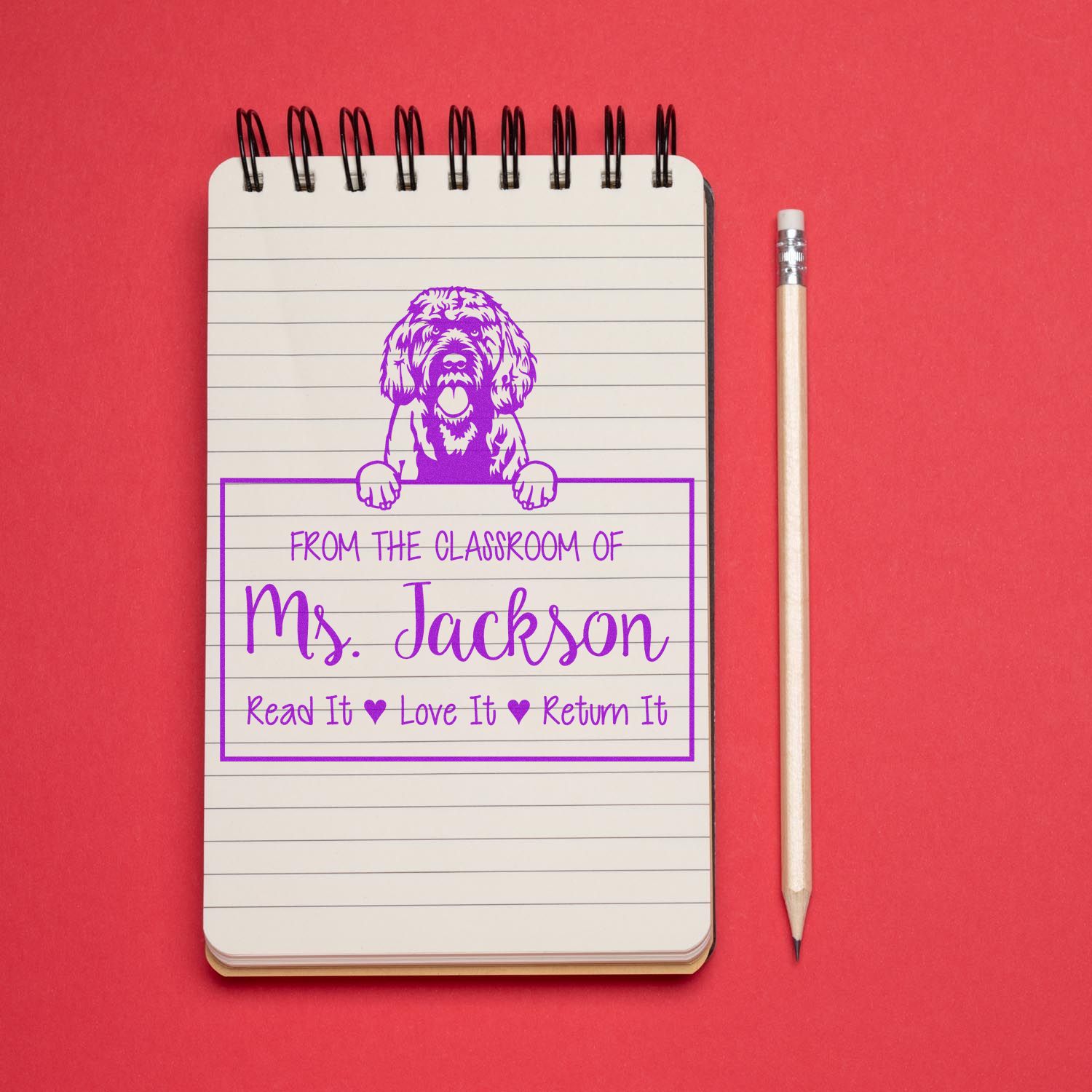 Personalizable Love Your Library Stamp with Portuguese Water Dog - Engineer Seal Stamps