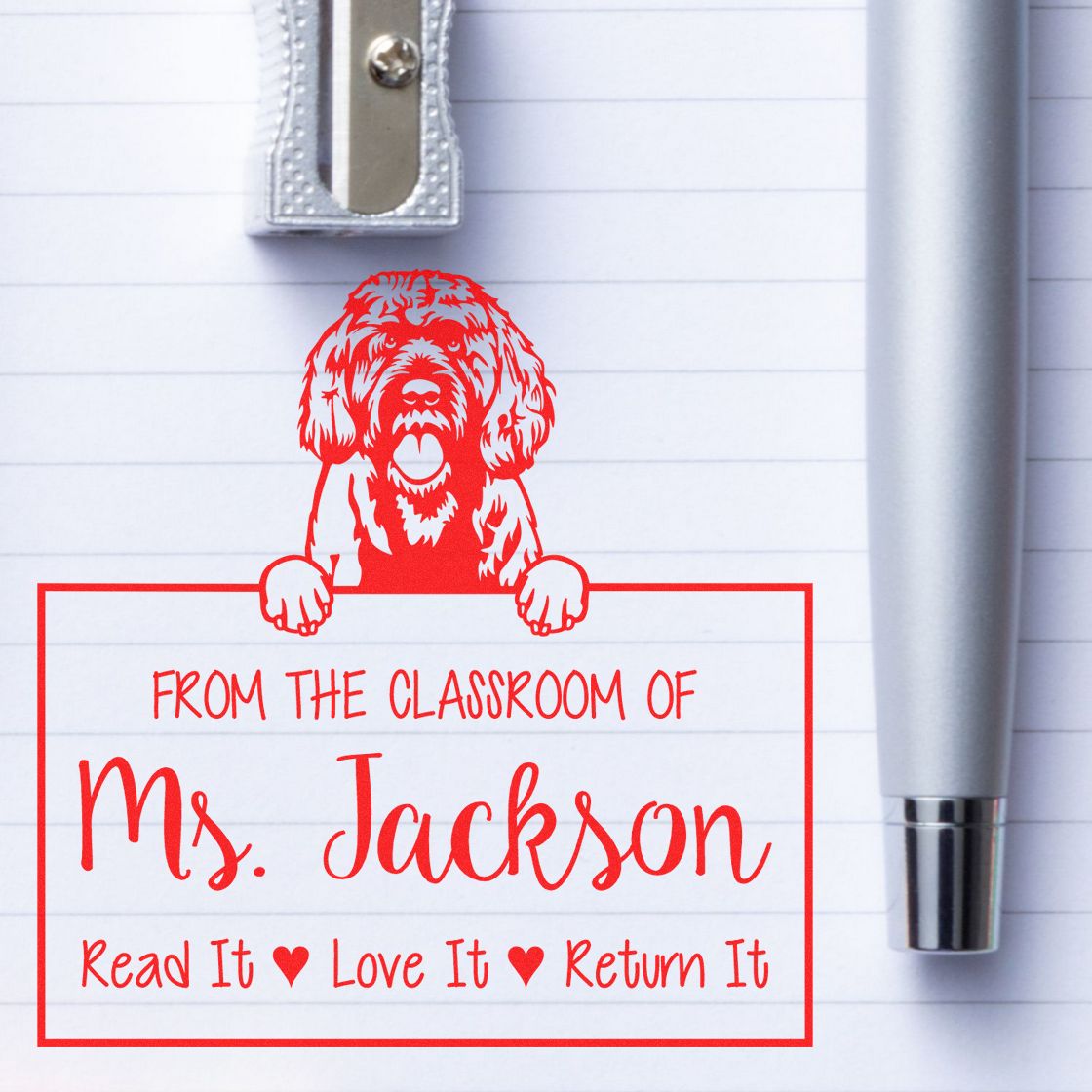 Personalizable Love Your Library Stamp with Portuguese Water Dog - Engineer Seal Stamps