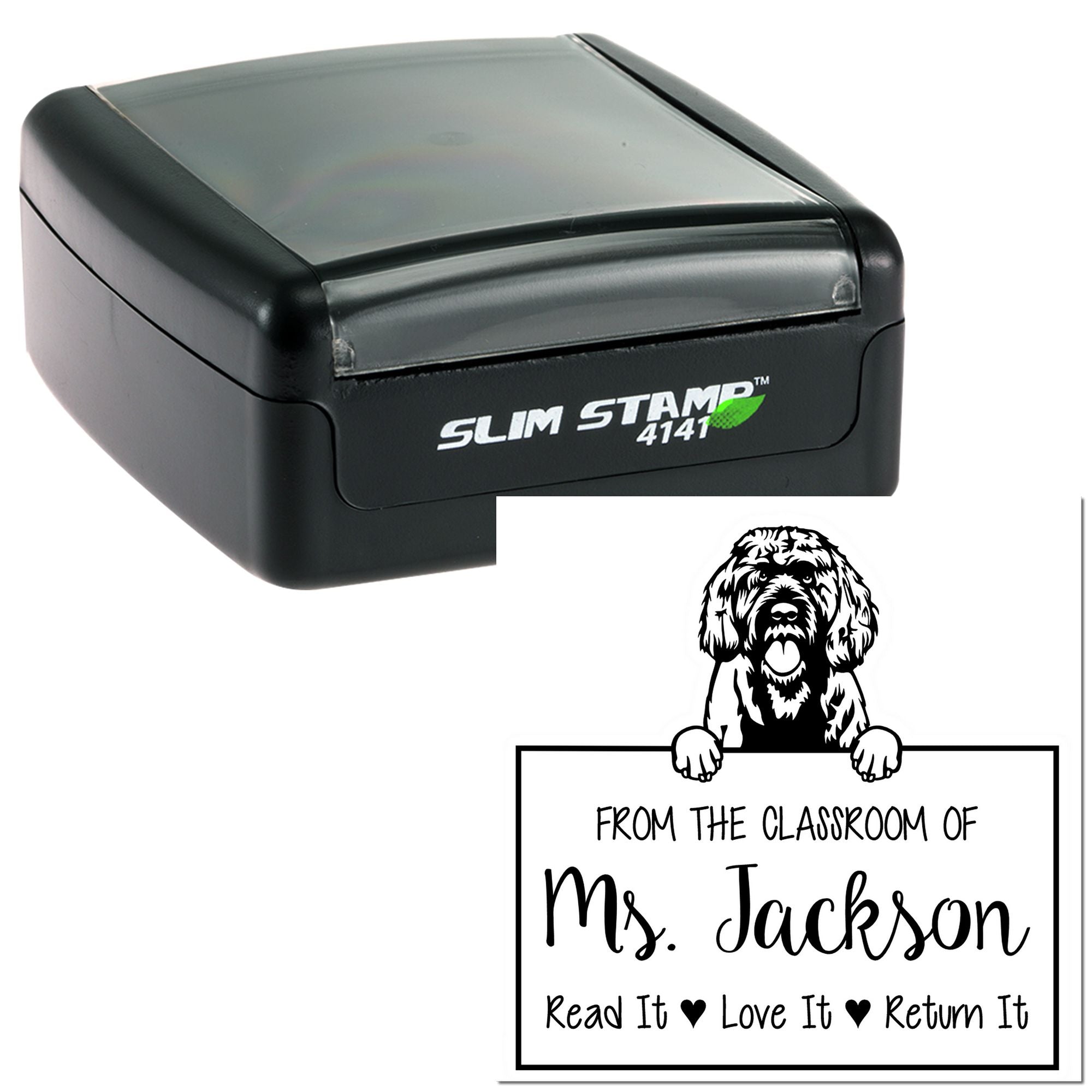 Personalizable Love Your Library Stamp with Portuguese Water Dog - Engineer Seal Stamps