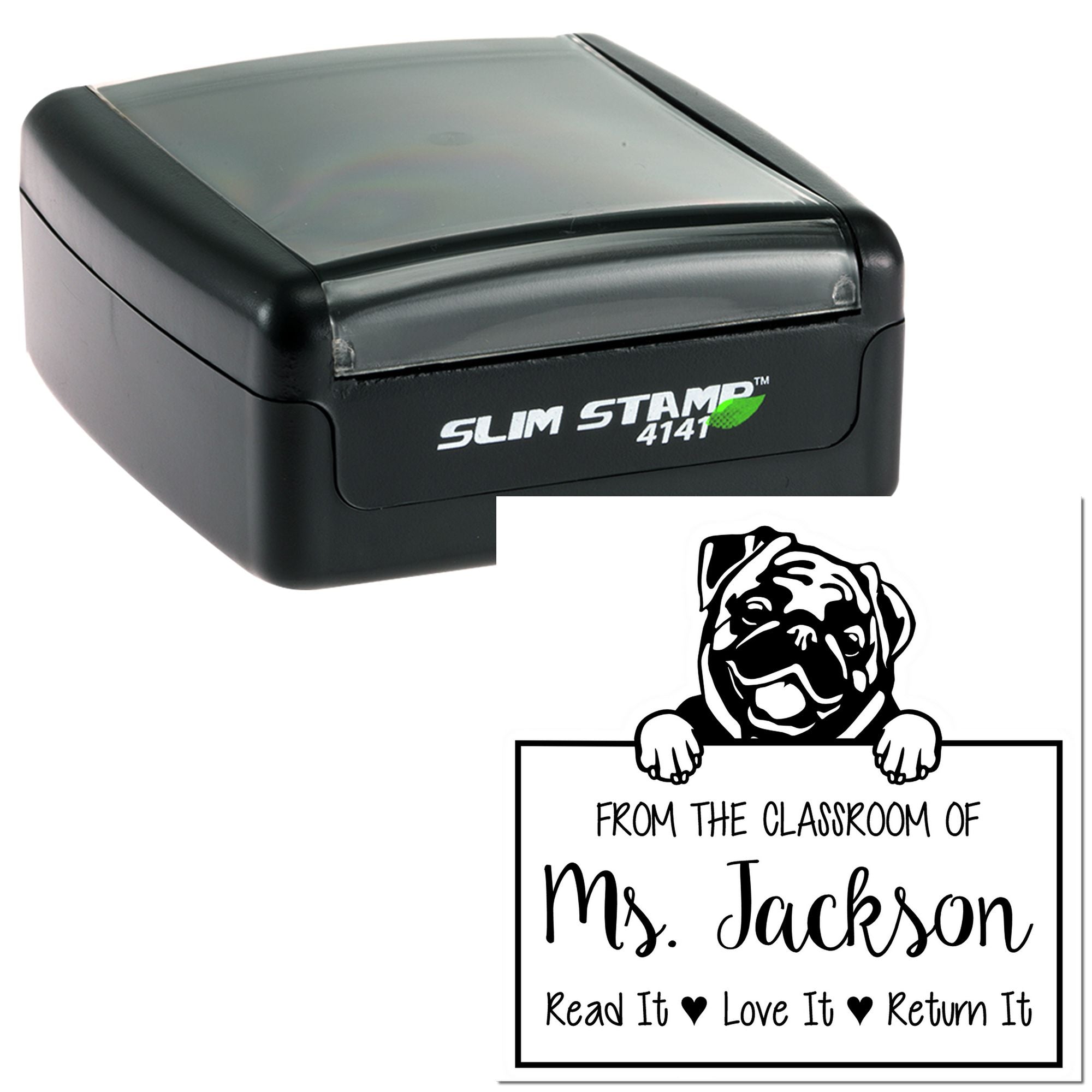 Personalizable Book Sharing Reminder Stamp with Pug Dog - Engineer Seal Stamps