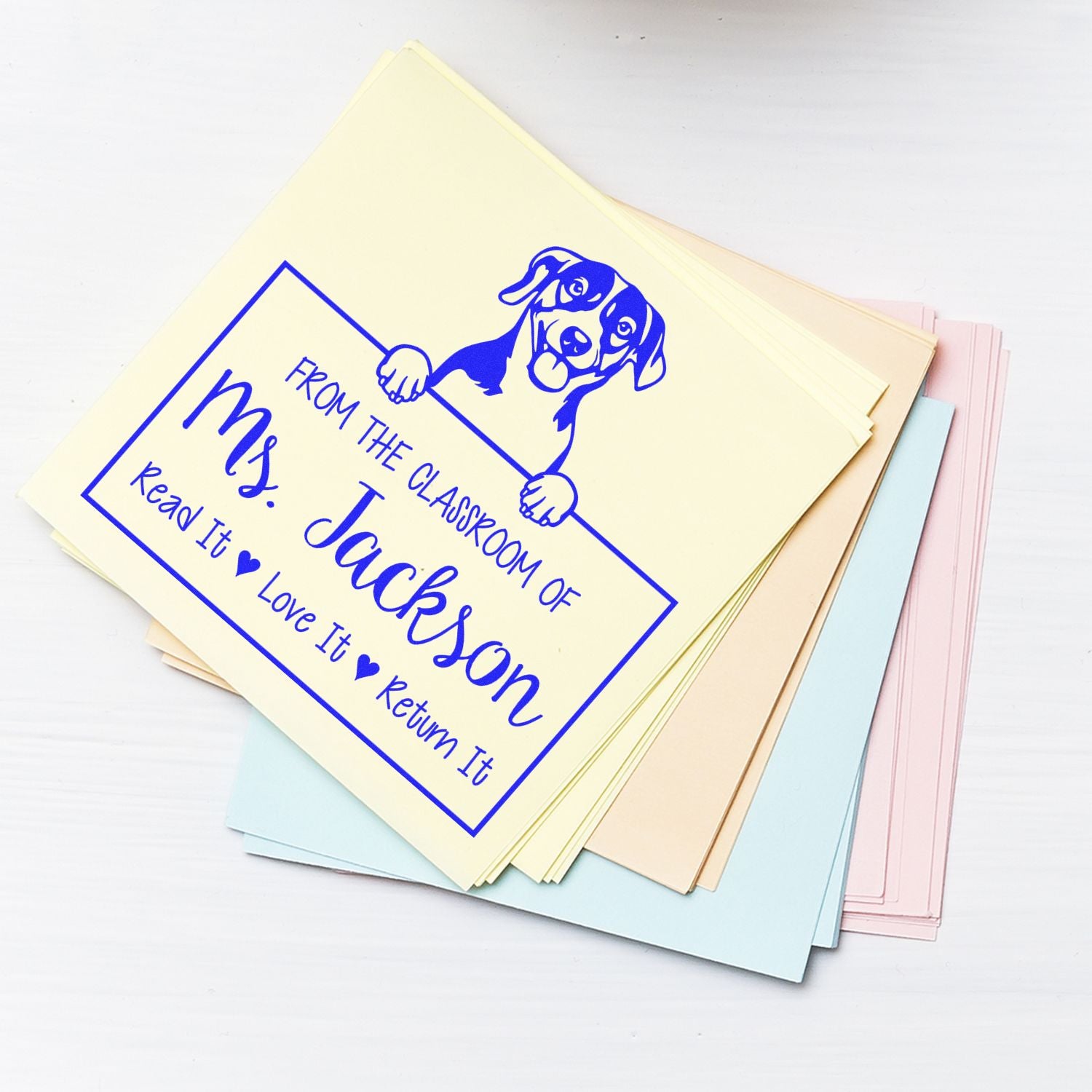 Personalizable Library Book Check-Out Stamp with Russell Terrier Dog - Engineer Seal Stamps