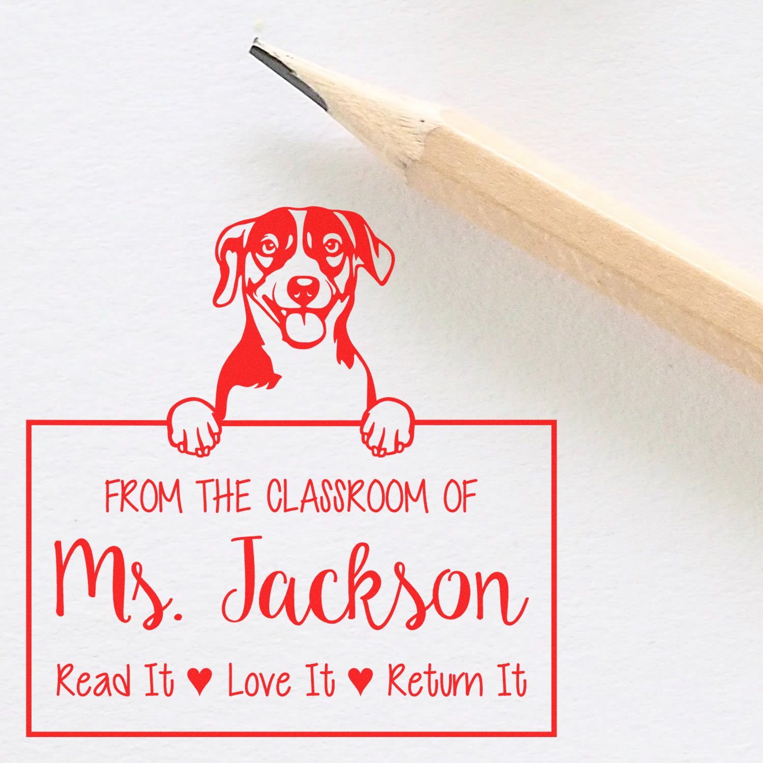 Personalizable Library Book Check-Out Stamp with Russell Terrier Dog - Engineer Seal Stamps