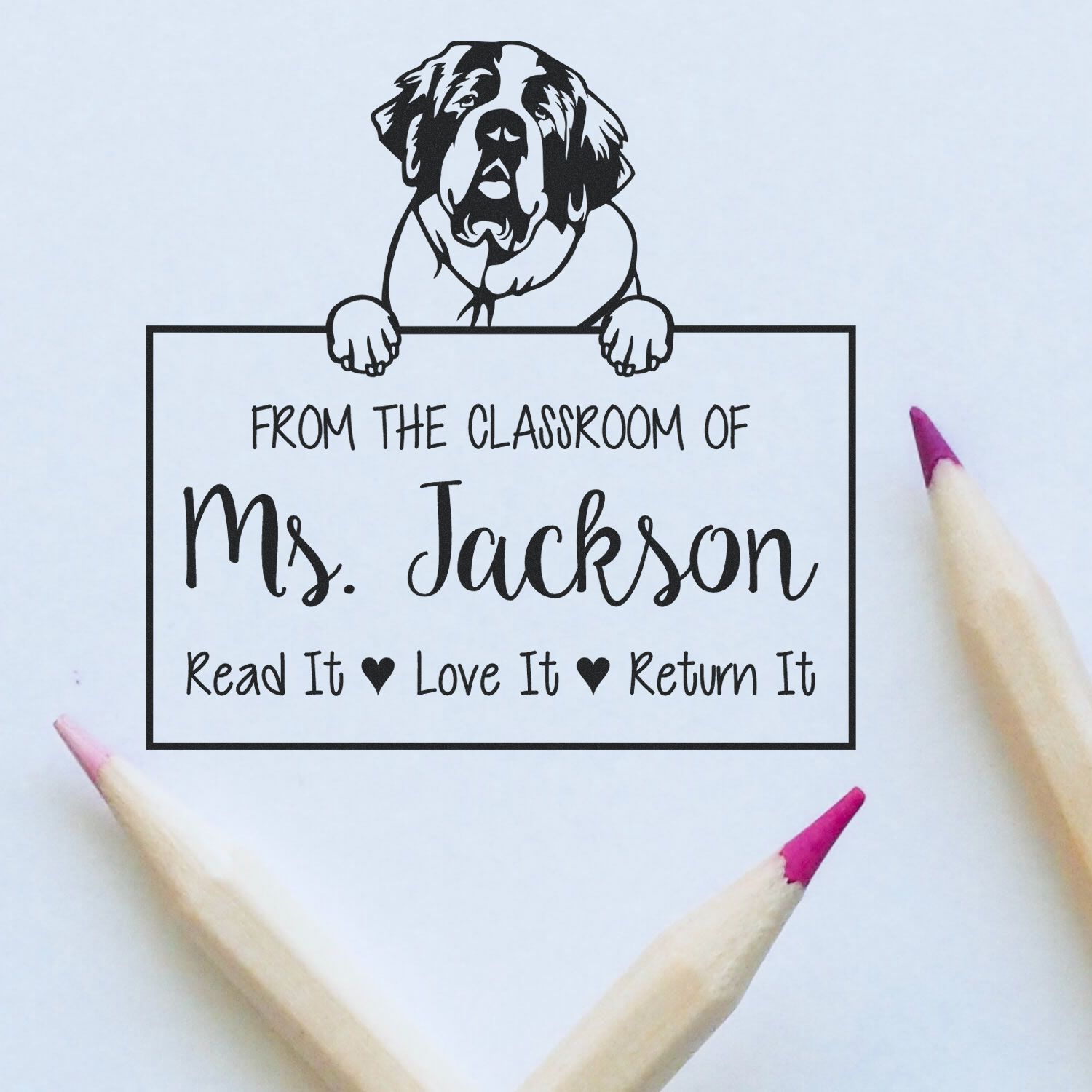 Personalizable Library Tools For Teachers Stamp with Saint Bernard Dog - Engineer Seal Stamps