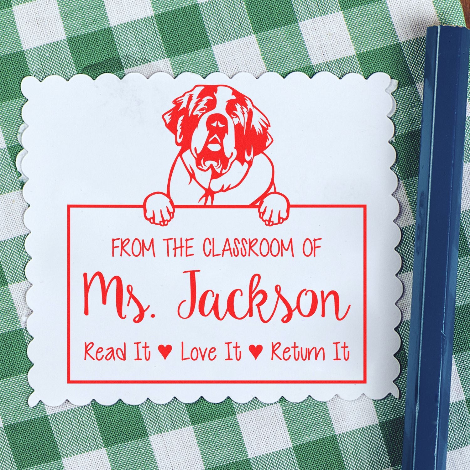 Personalizable Library Tools For Teachers Stamp with Saint Bernard Dog - Engineer Seal Stamps