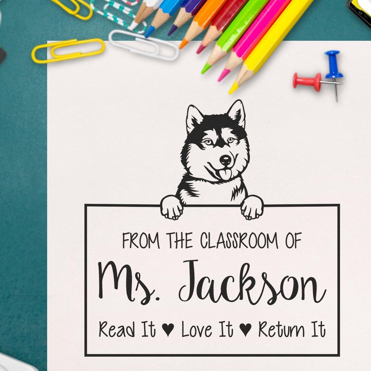 Siberian Husky Customizable Book Label Stamp - Engineer Seal Stamps