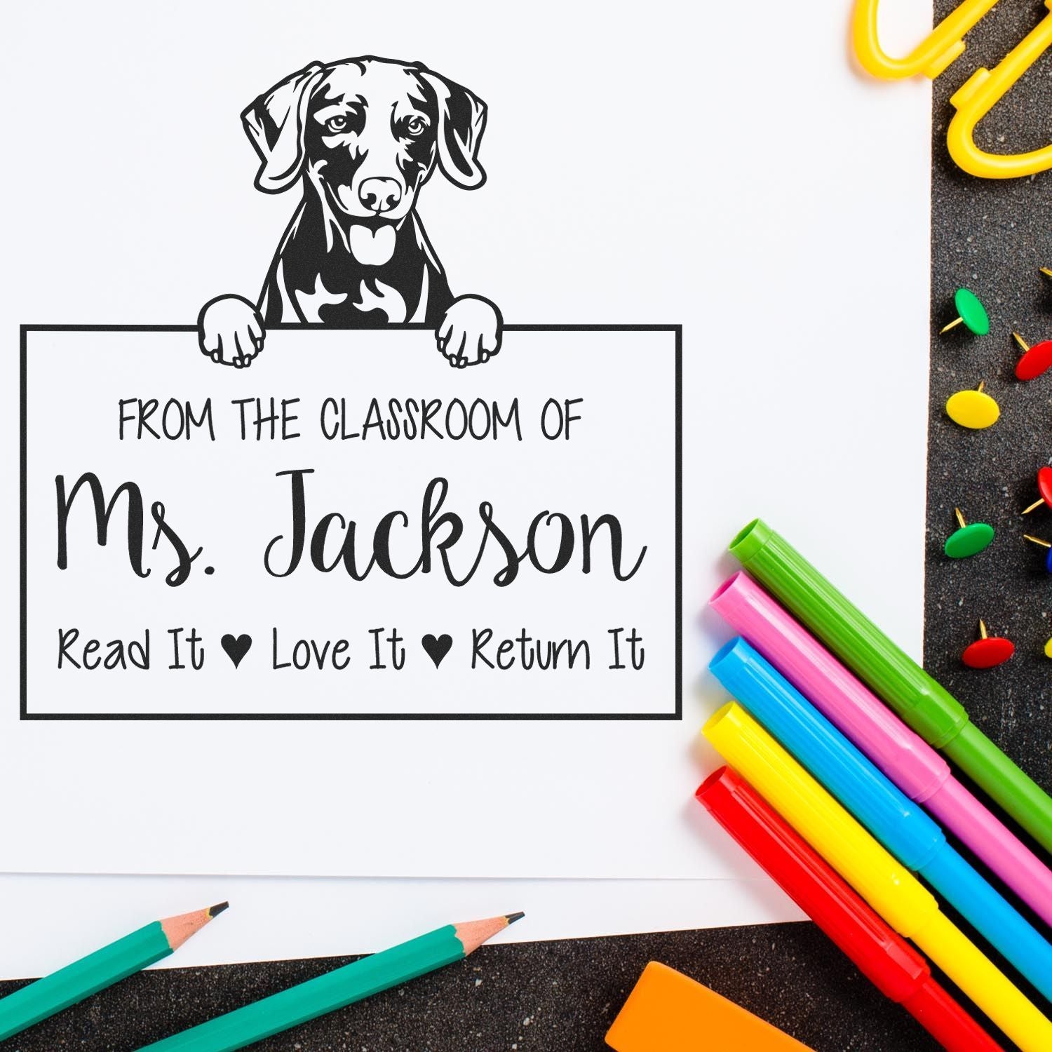 Customizable Teacher's Library Stamp with Weimaraner Dog - Engineer Seal Stamps