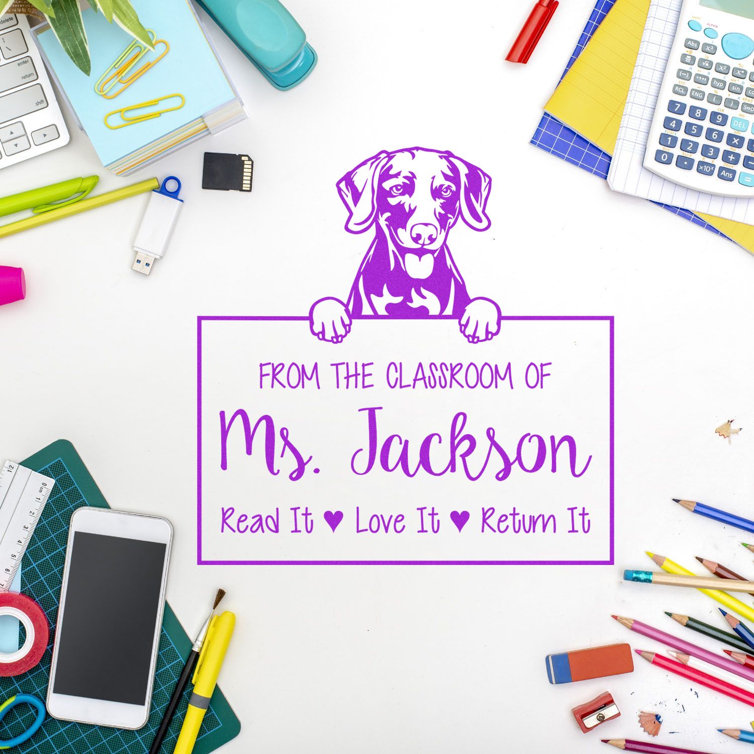 Customizable Teacher's Library Stamp with Weimaraner Dog - Engineer Seal Stamps