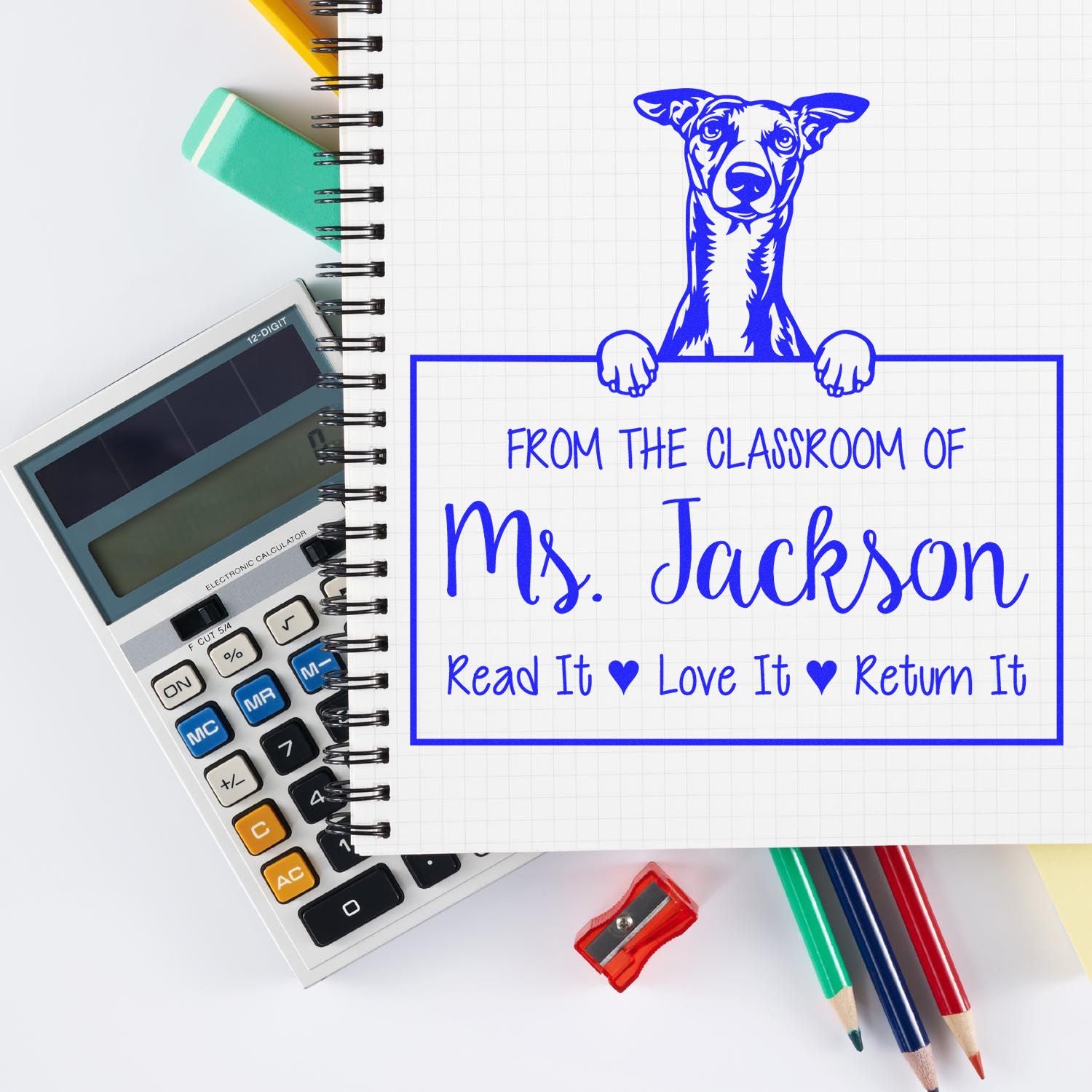 Customizable Classroom Library Stamp with Whippet Dog - Engineer Seal Stamps