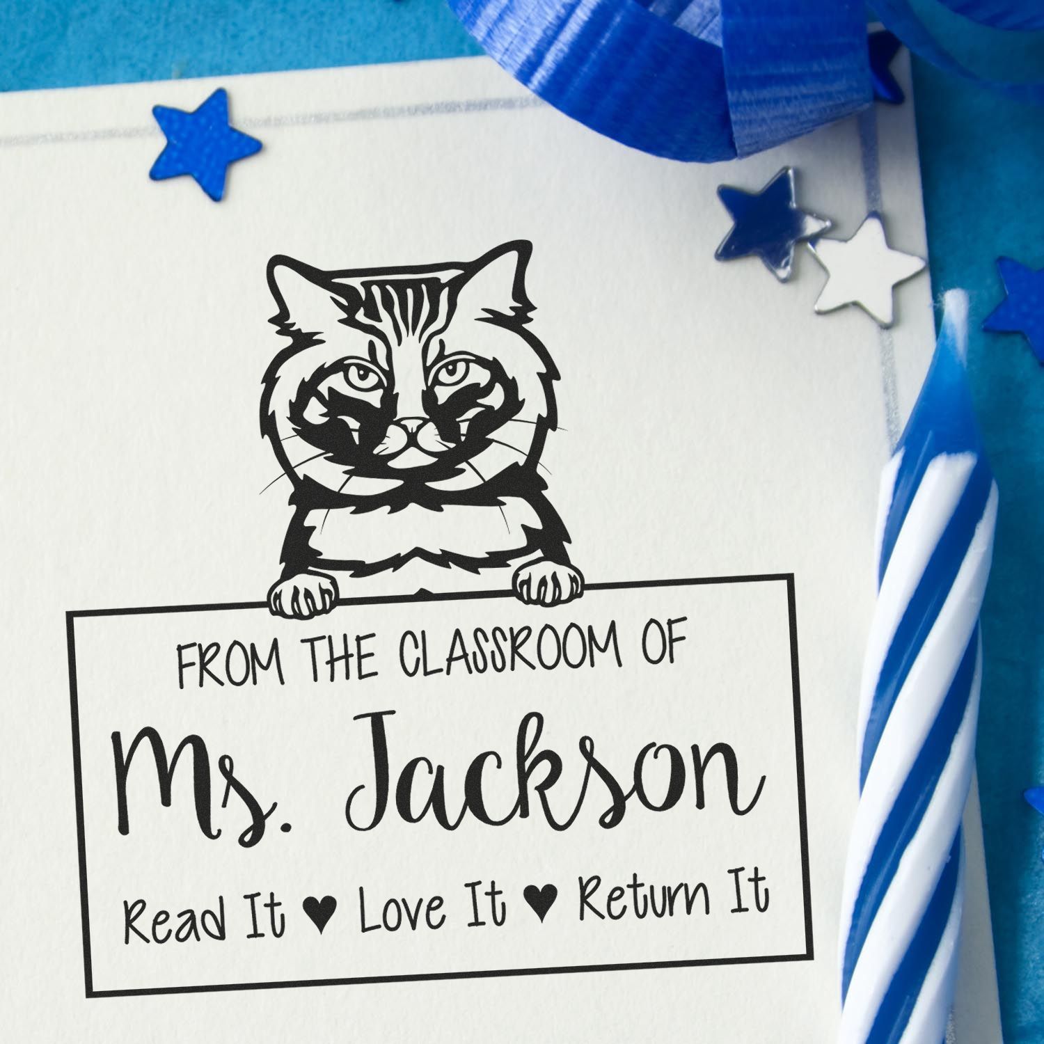 Custom Personal Lending Library Stamp with American Bobtail Cat - Engineer Seal Stamps