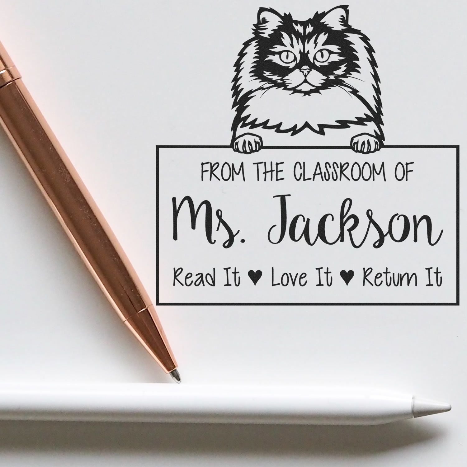 British Longhair Cat-Themed Read It Love It Return It Book Stamper - Engineer Seal Stamps