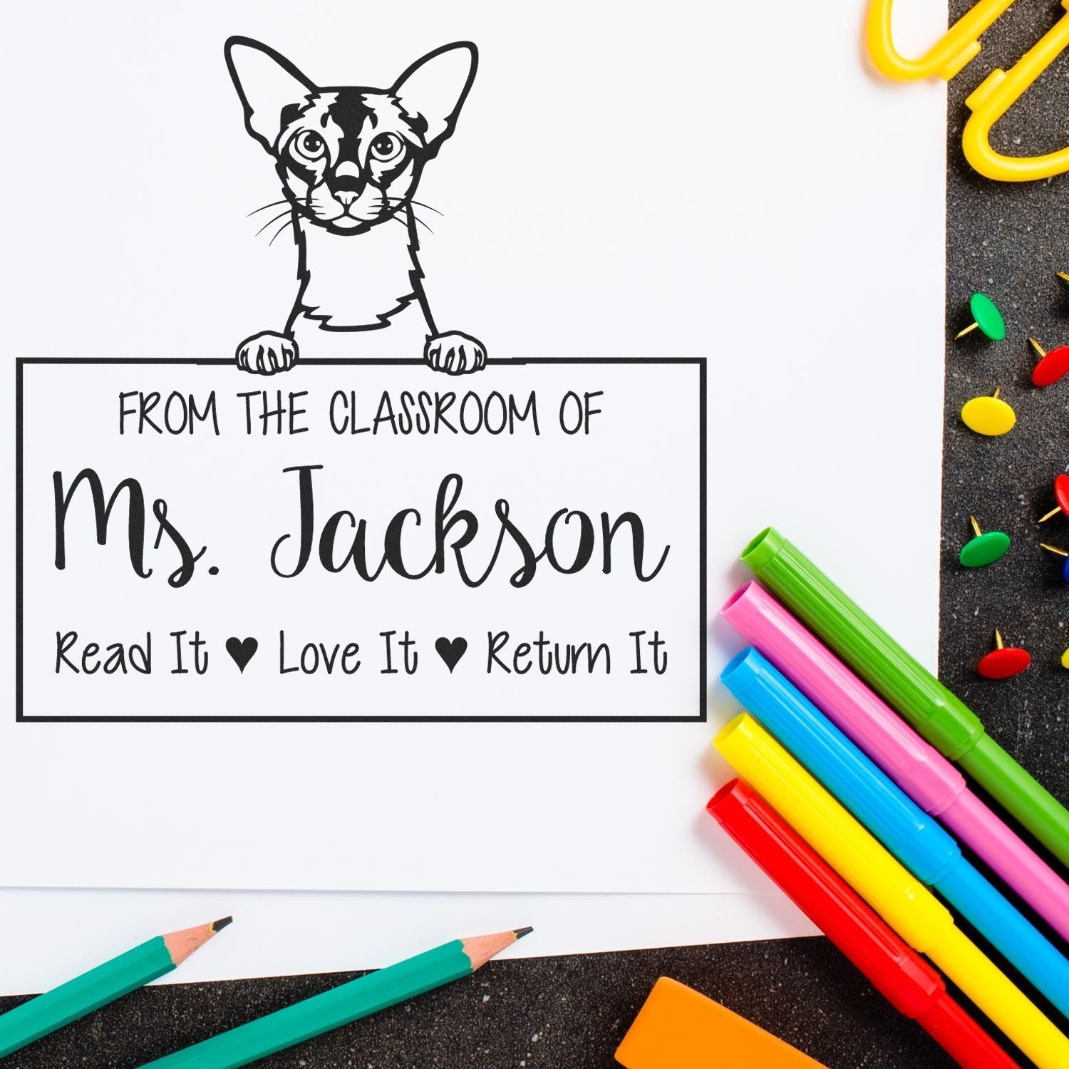 Customized Classroom Library Stamp with Colorpoint Shorthair Cat - Engineer Seal Stamps
