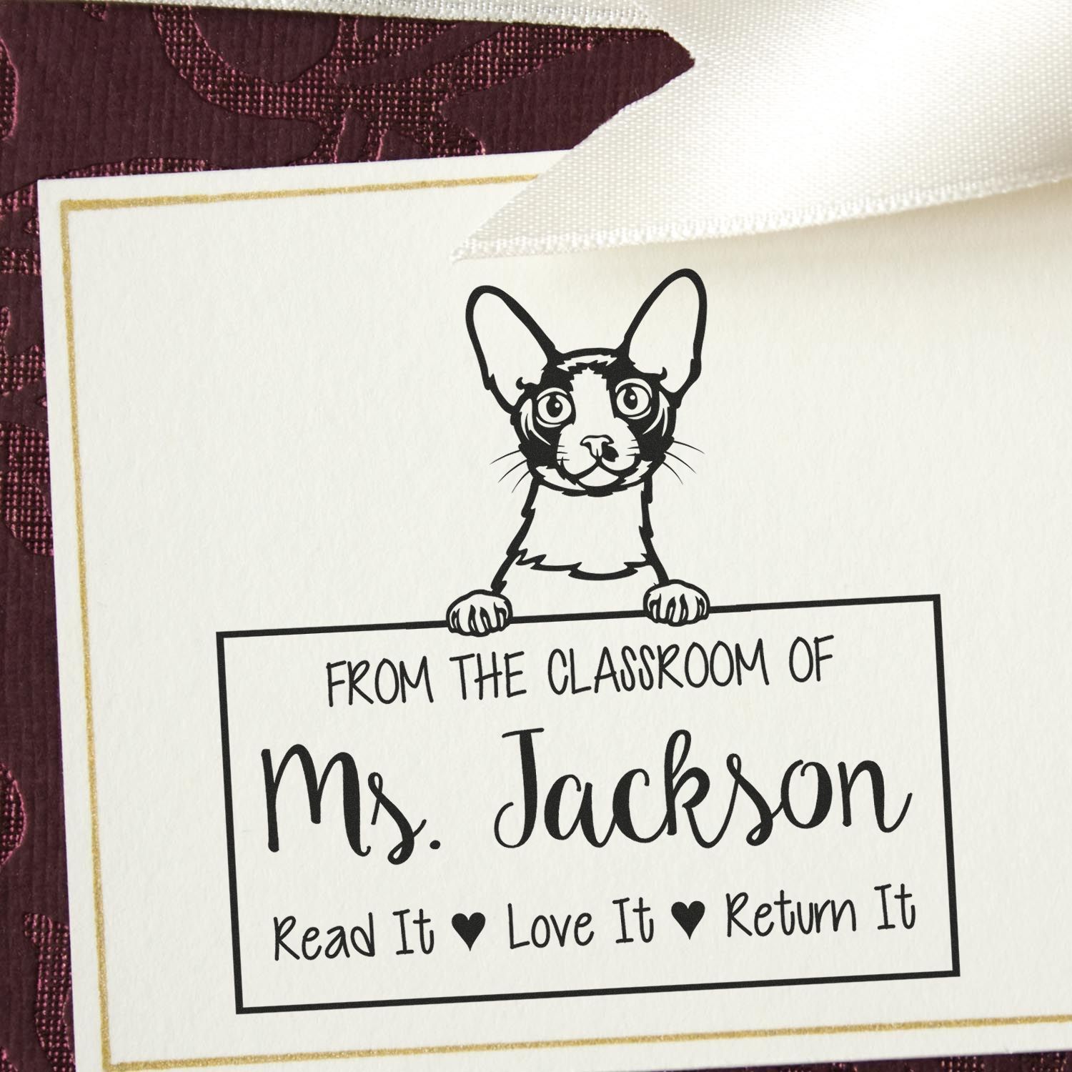 Customized Teacher Classroom Stamp with Cornish Rex Cat - Engineer Seal Stamps