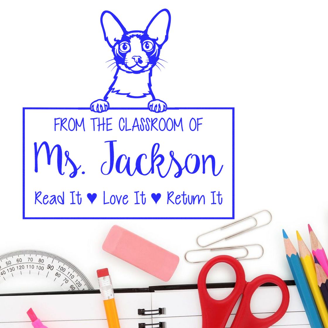 Customized Teacher Classroom Stamp with Cornish Rex Cat - Engineer Seal Stamps