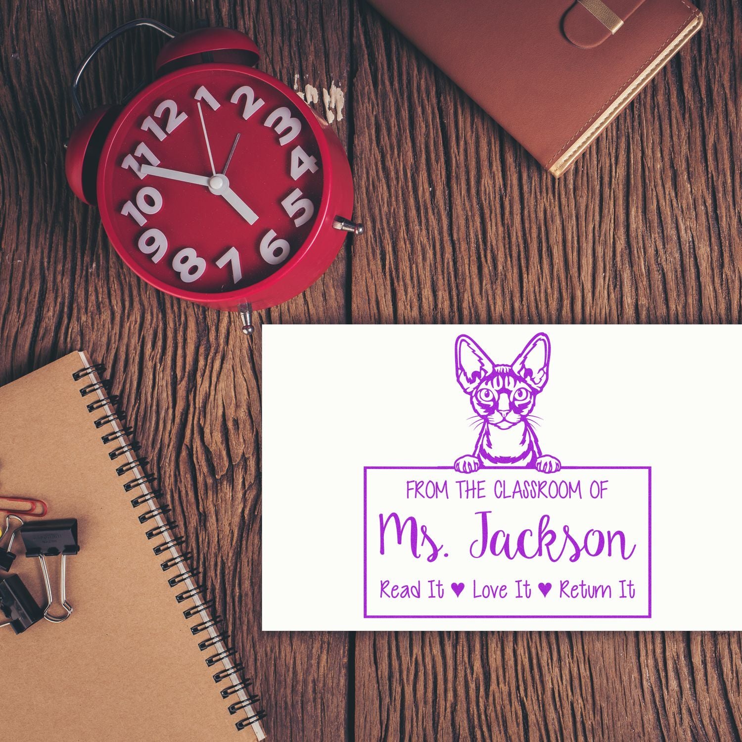 Customized Name For Teacher Stamp with Devon Rex Cat - Engineer Seal Stamps