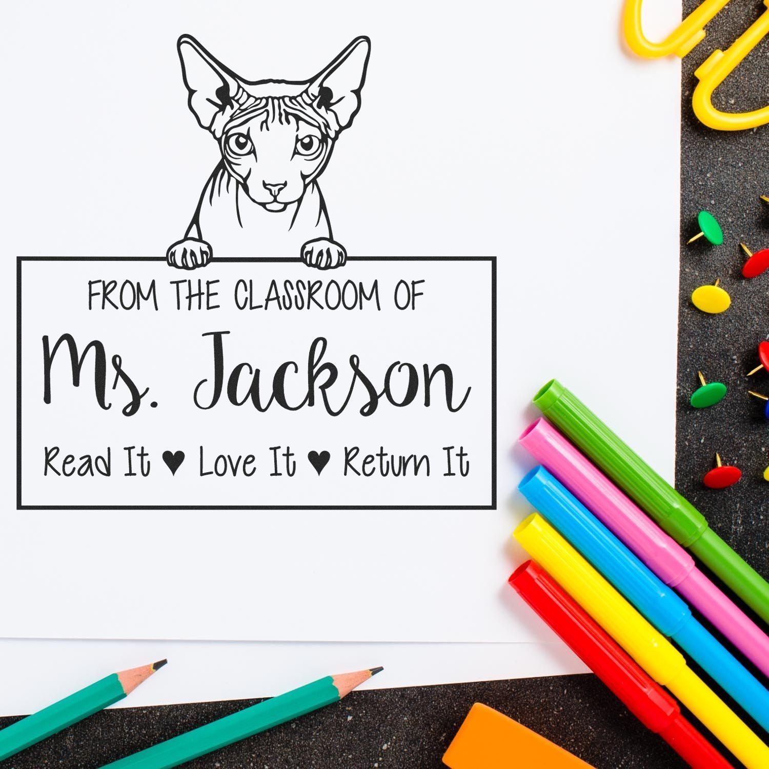 Customized Library Book Stamp with Don Sphynx Cat - Engineer Seal Stamps