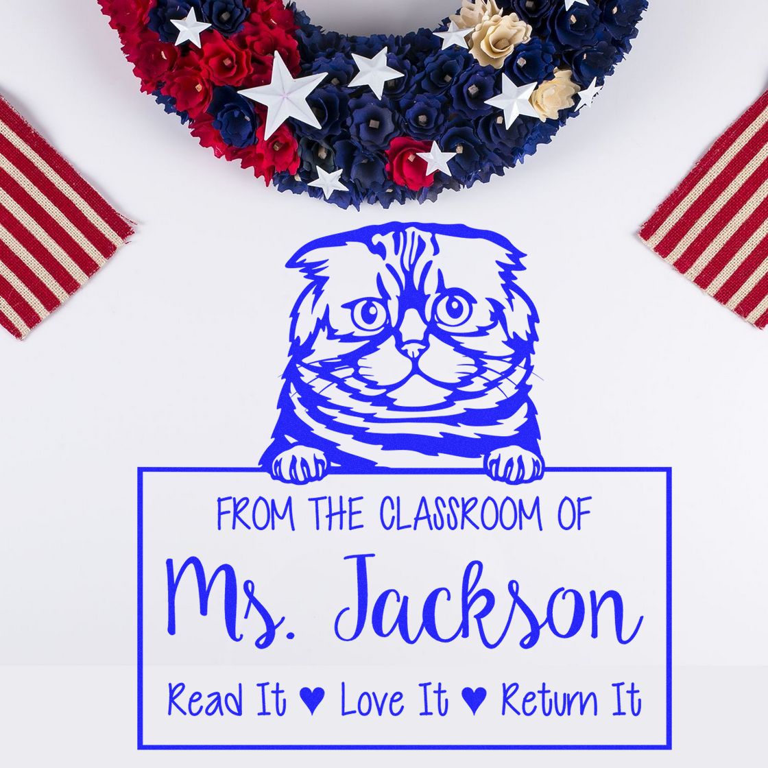 Customized Teacher Desk Stamp with Foldex Cat - Engineer Seal Stamps