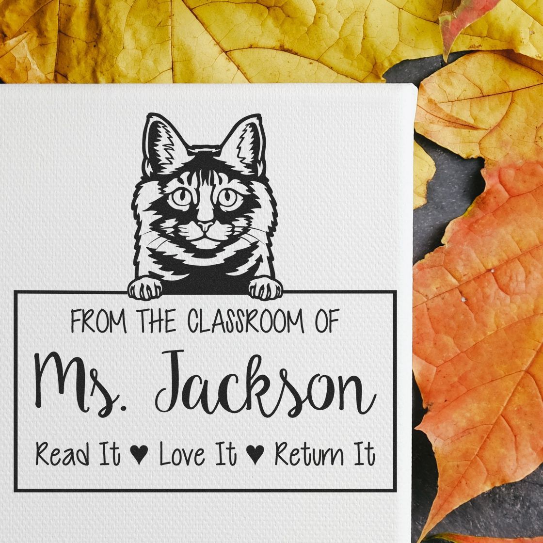 Customized Classroom Library Tools Stamp with Kurilian Bobtail Cat - Engineer Seal Stamps