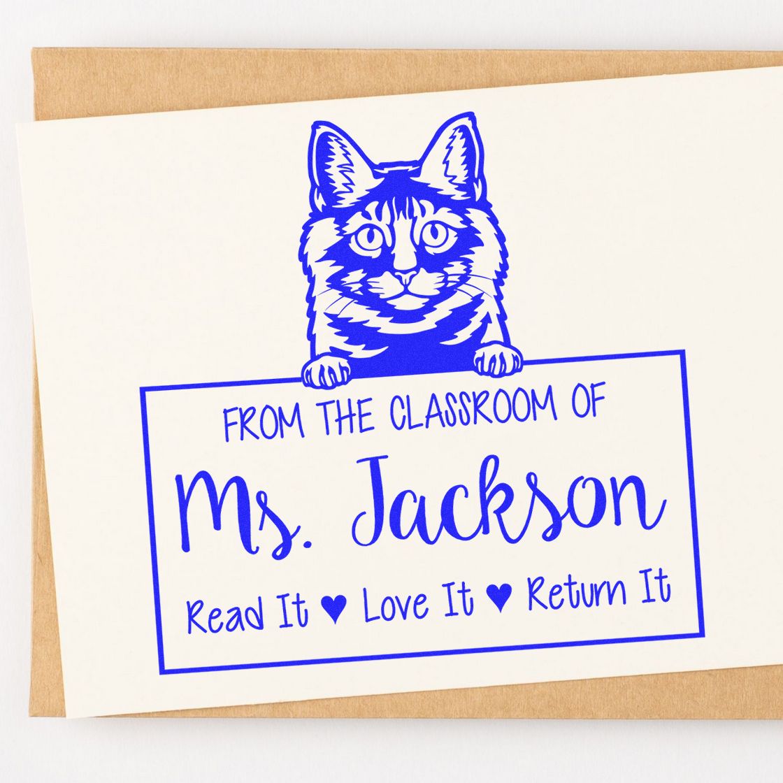 Customized Classroom Library Tools Stamp with Kurilian Bobtail Cat - Engineer Seal Stamps