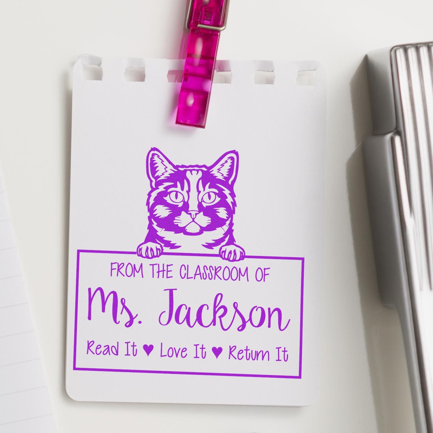 Munchkin Cat Customized Classroom Book Return Reminder Stamp - Engineer Seal Stamps