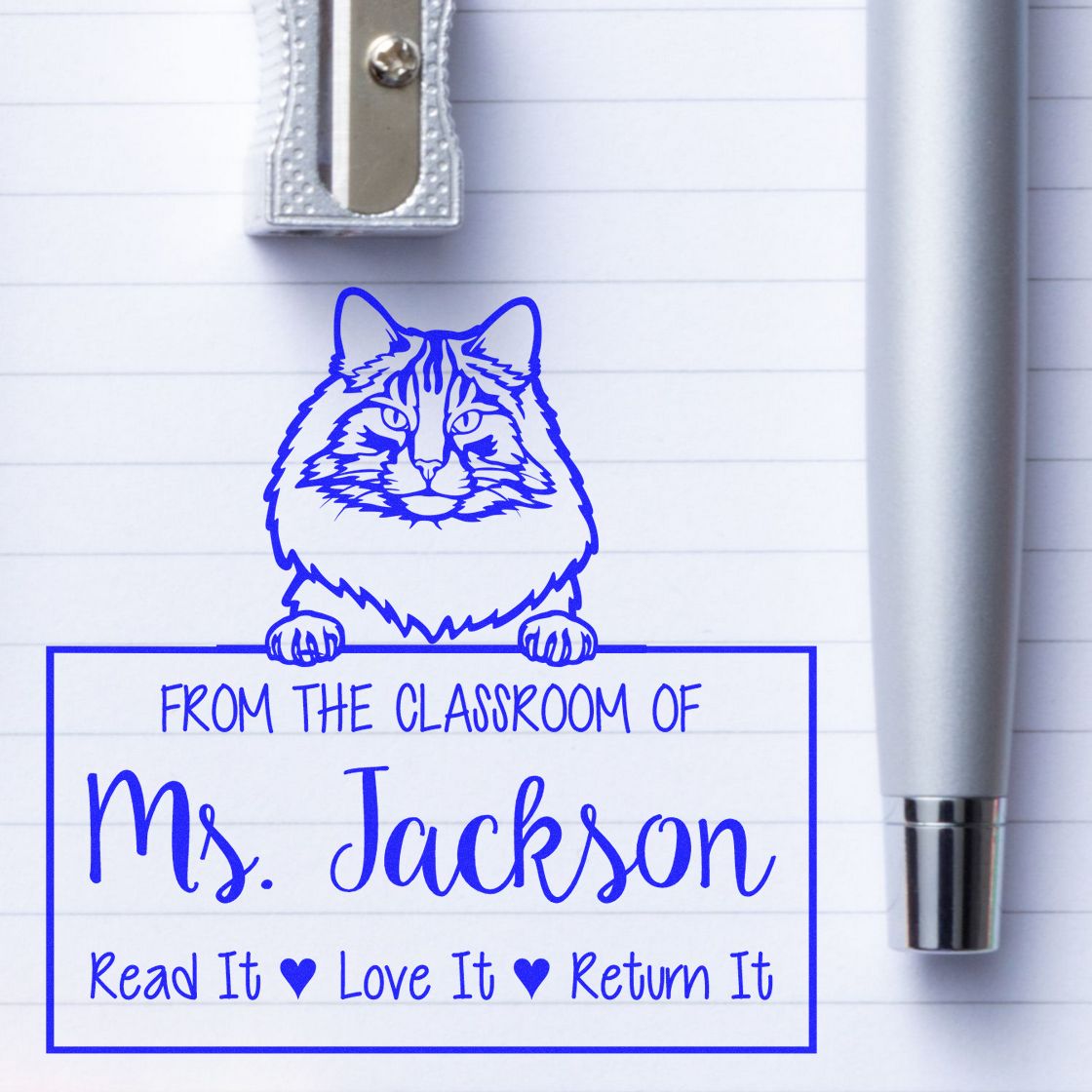 Customized Teacher Design Stamp with Norwegian Forest Cat - Engineer Seal Stamps