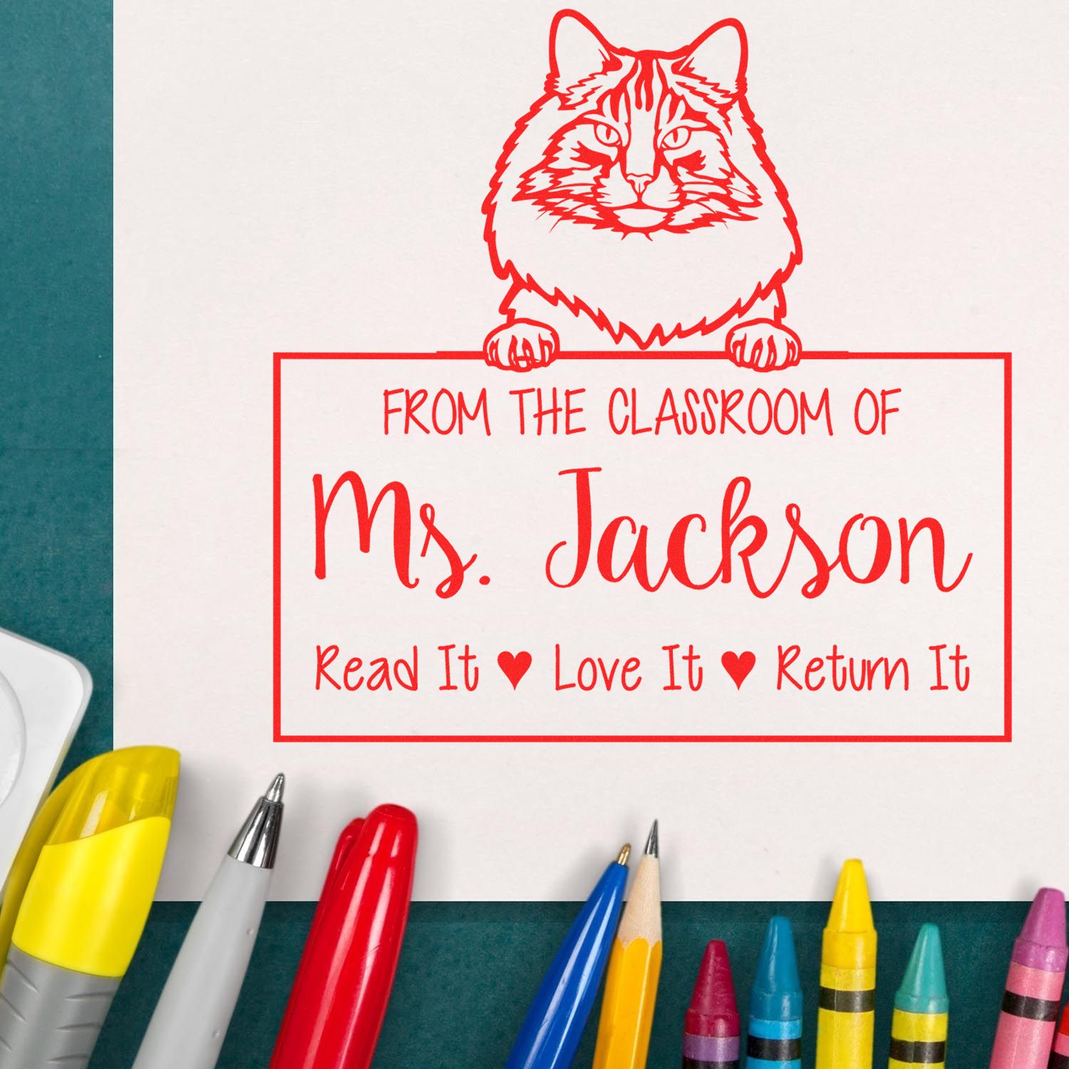Customized Teacher Design Stamp with Norwegian Forest Cat - Engineer Seal Stamps