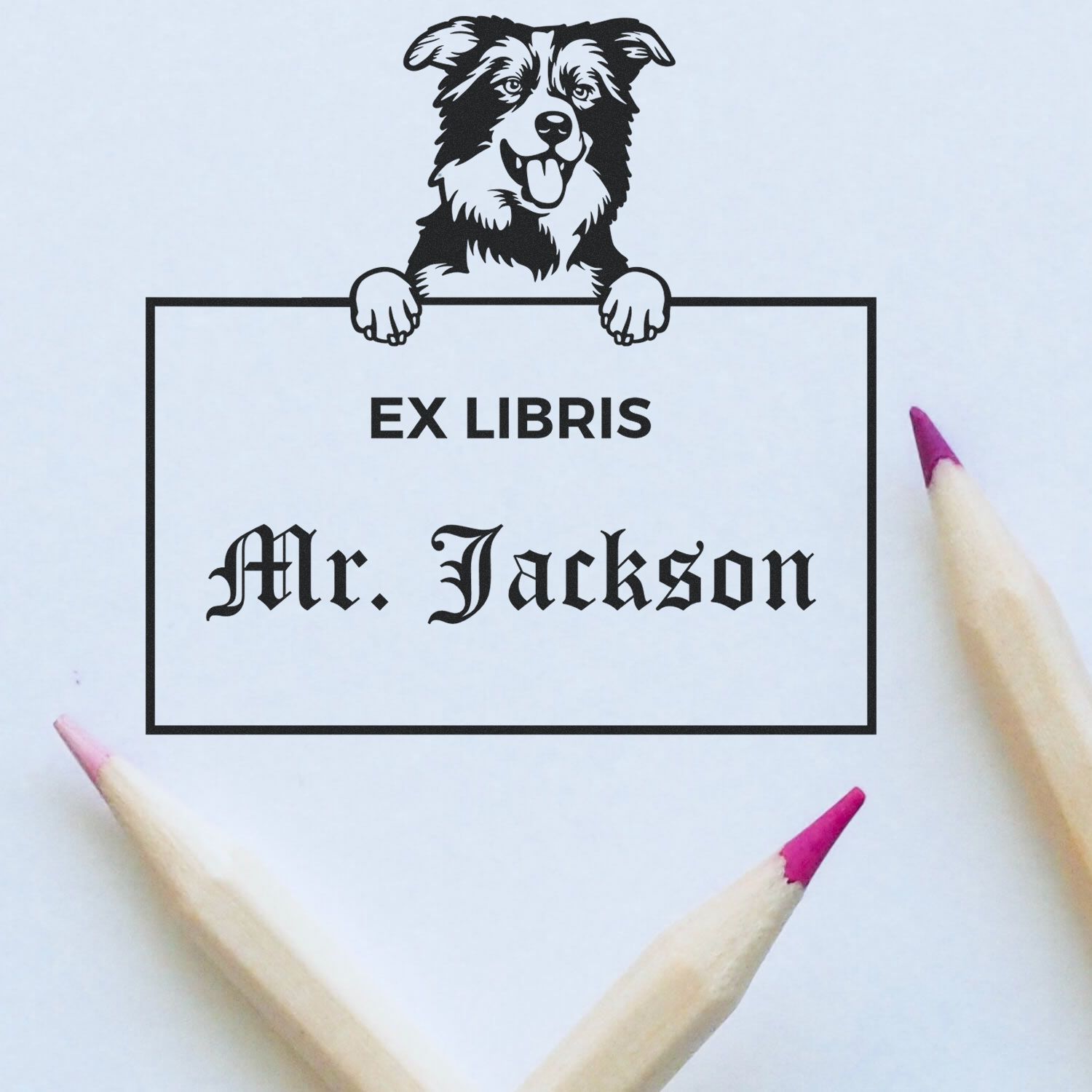 Border Collies Custom Puppy Dog Ex Libris Label Stamp - Engineer Seal Stamps