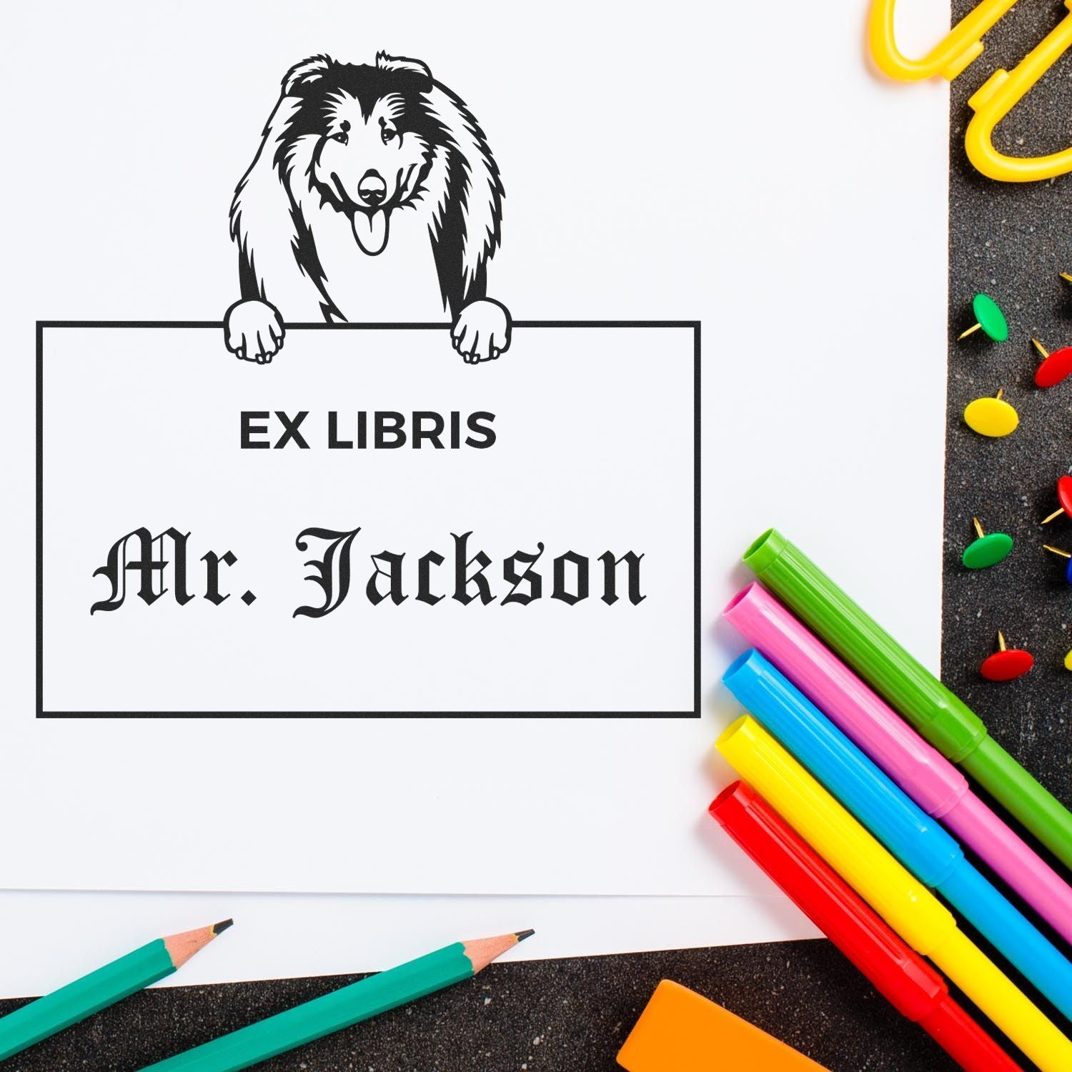 Collie Personalized Dog Ex Libris Book Stamp - Engineer Seal Stamps