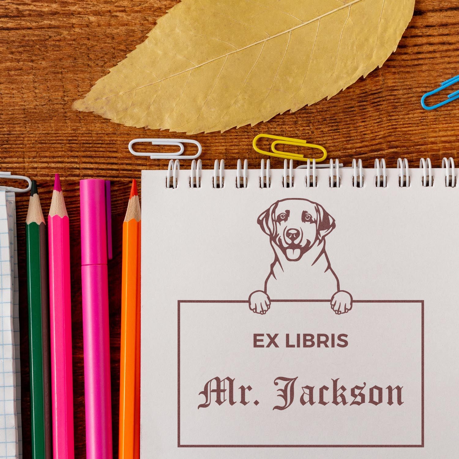 Personalizable Ex Libris Teacher Stamper with Labrador Retriever - Engineer Seal Stamps