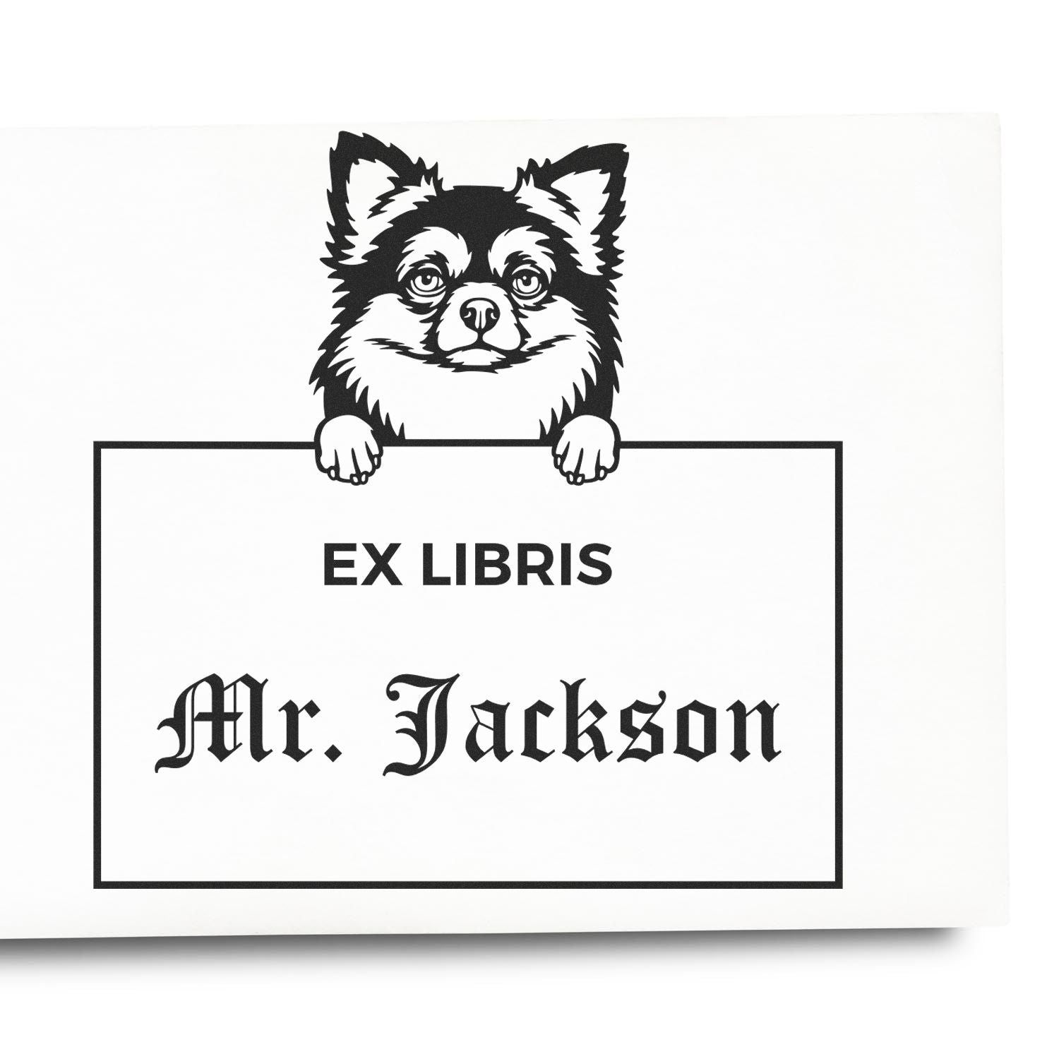 Personalizable Ex Libris Custom Book Stamp with Long Haired Chihuahua - Engineer Seal Stamps
