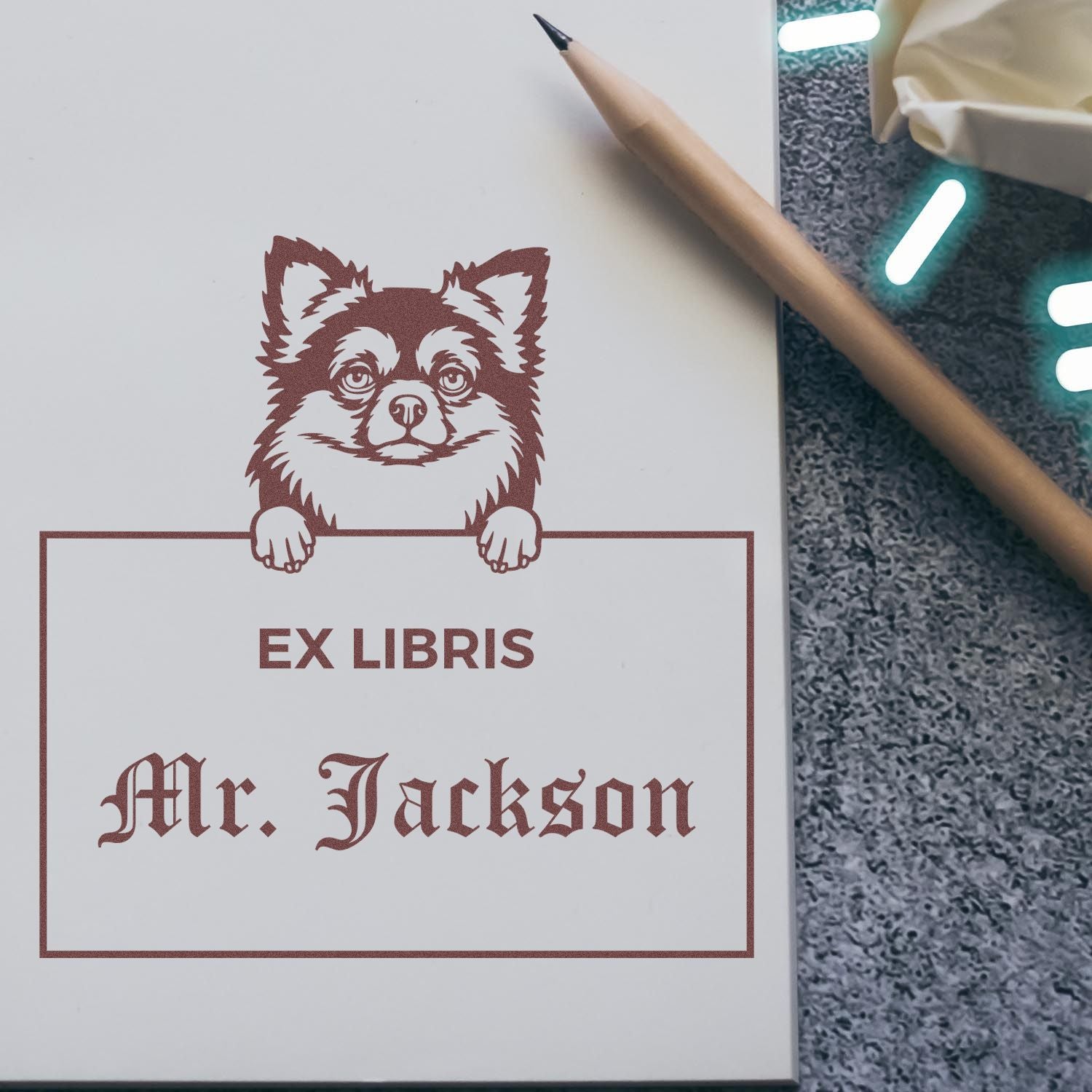 Long Haired Chihuahua Personalized Puppy Ex Libris Book Stamp - Engineer Seal Stamps