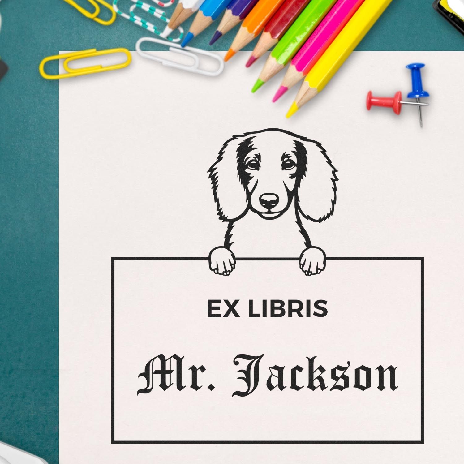 Personalizable Ex Libris Custom Book Stamper with Longhaired Dachshund - Engineer Seal Stamps