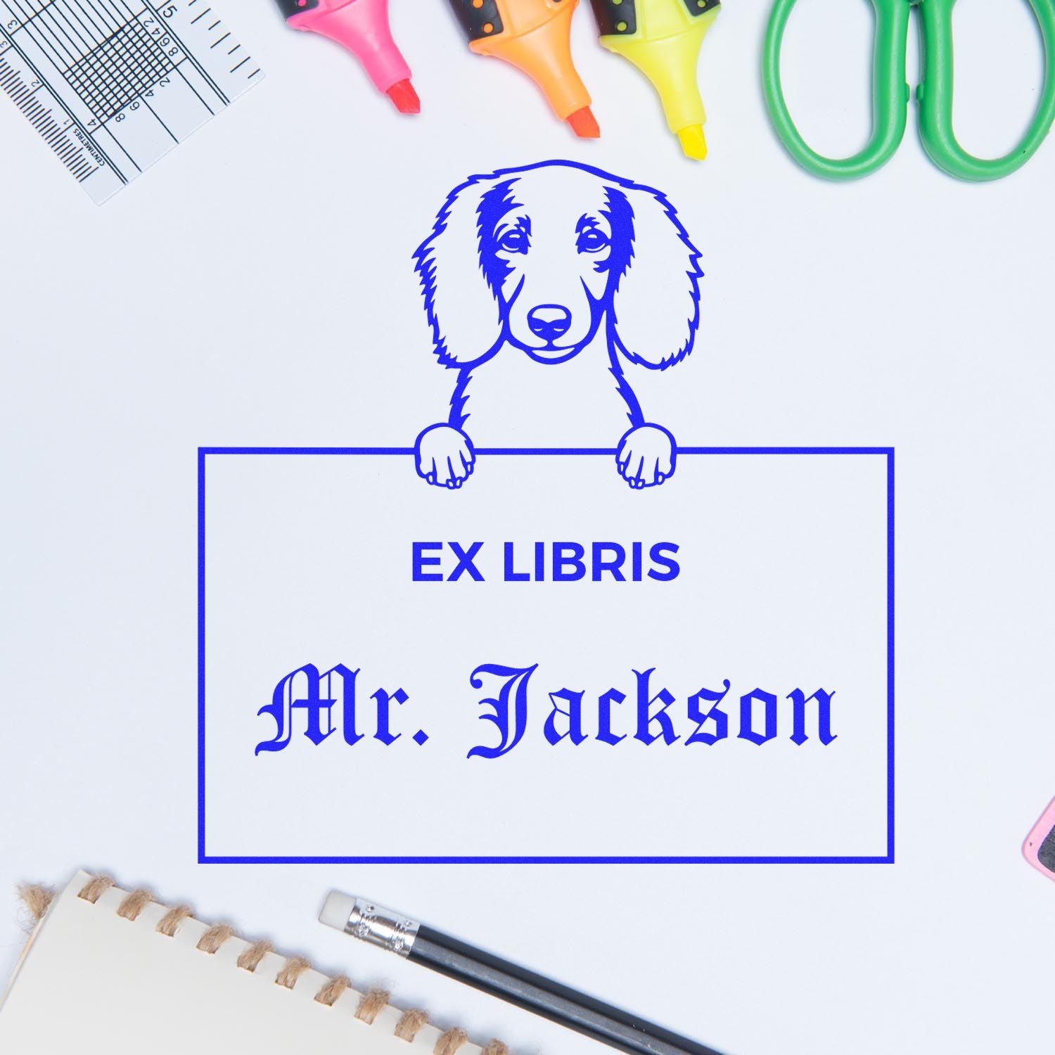 Longhaired Dachshund Personalized Puppy Ex Libris Bookplate Stamp - Engineer Seal Stamps