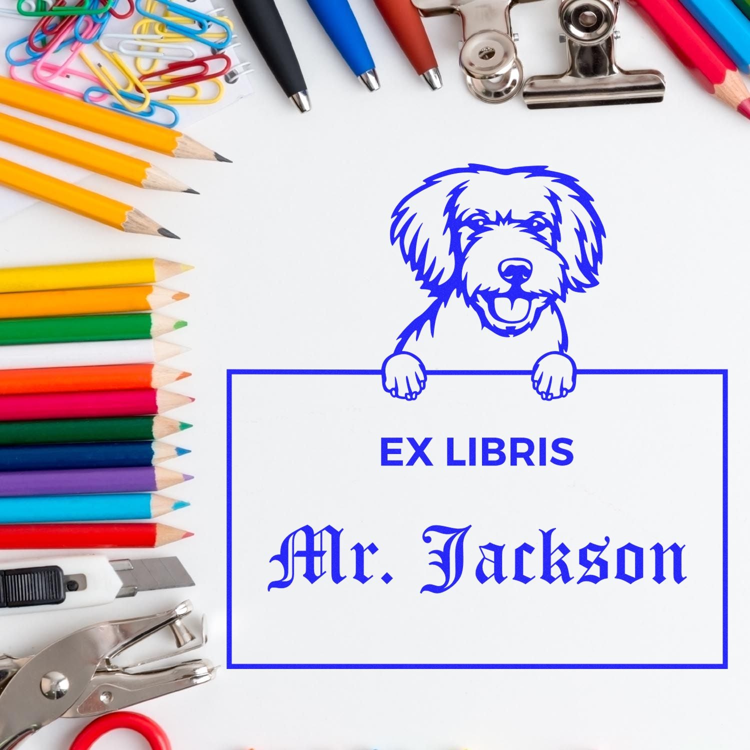 Miniature Golden Doodle Custom-Made Dog Ex Libris Book Stamp - Engineer Seal Stamps