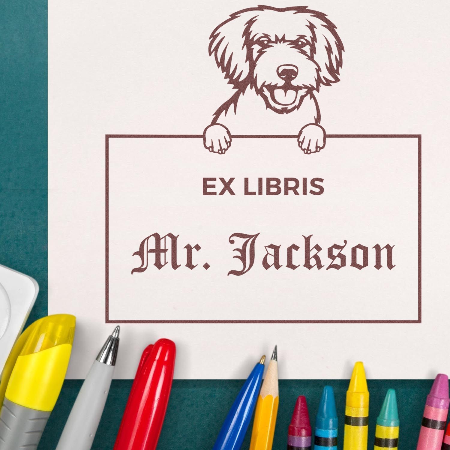 Personalizable Ex Libris Library Book Stamper with Miniature Golden Doodle - Engineer Seal Stamps