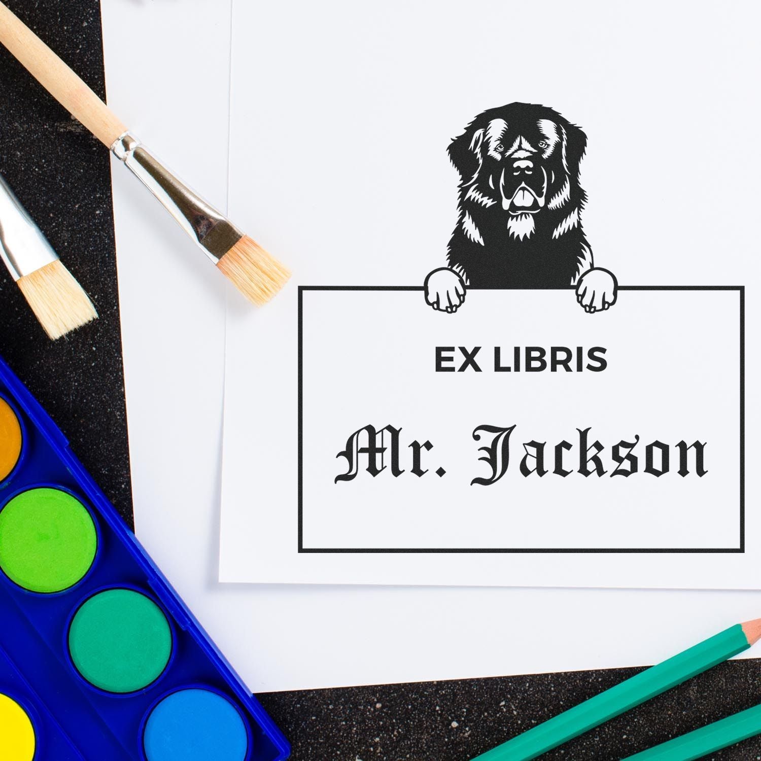 Newfoundland Custom-Made Dog Ex Libris Bookplate Stamp - Engineer Seal Stamps